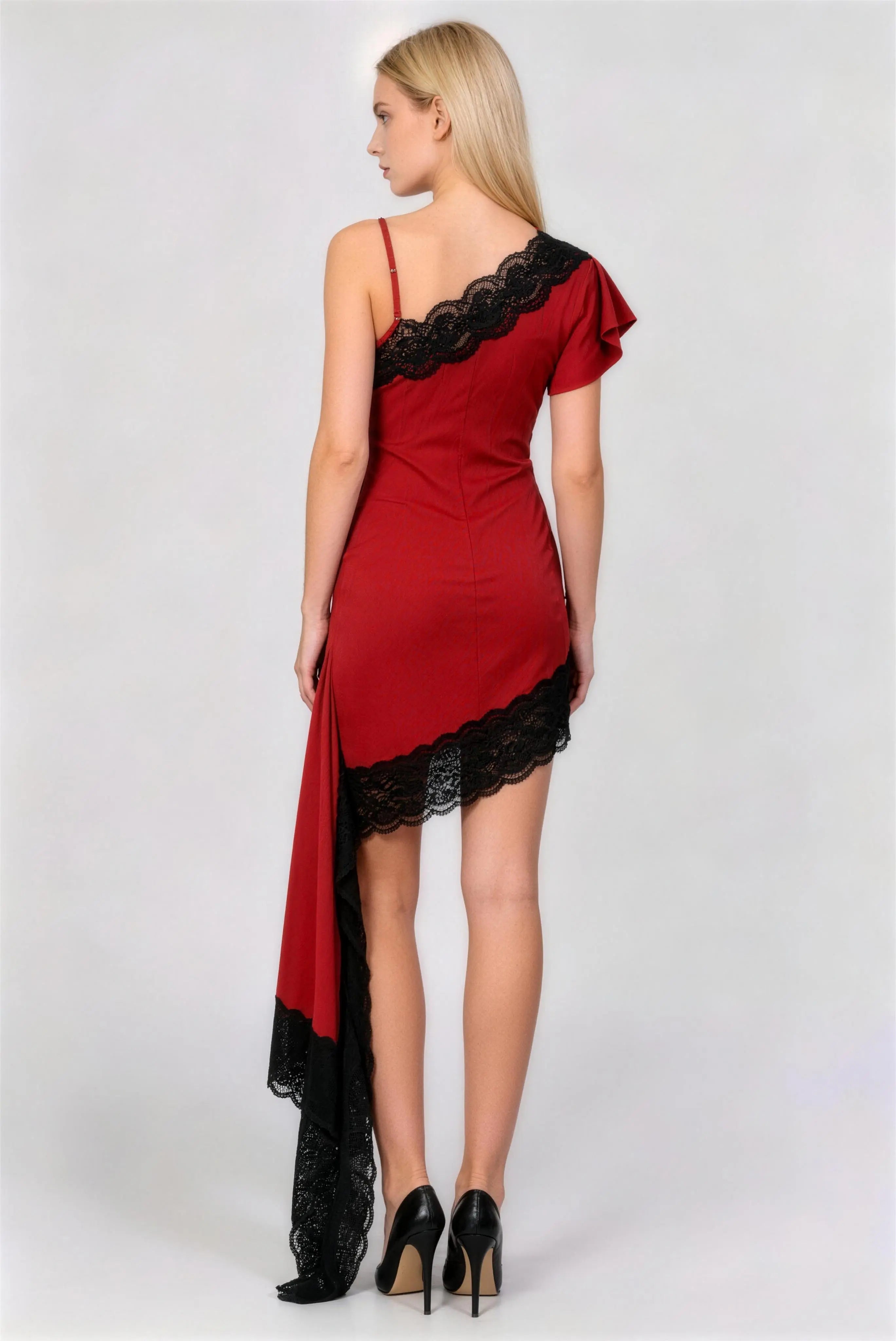 Phoehua Back View of Red Lace Trim One-Shoulder Dress, Adjustable Spaghetti Strap Zipper Closure High Waist Bodycon Dress