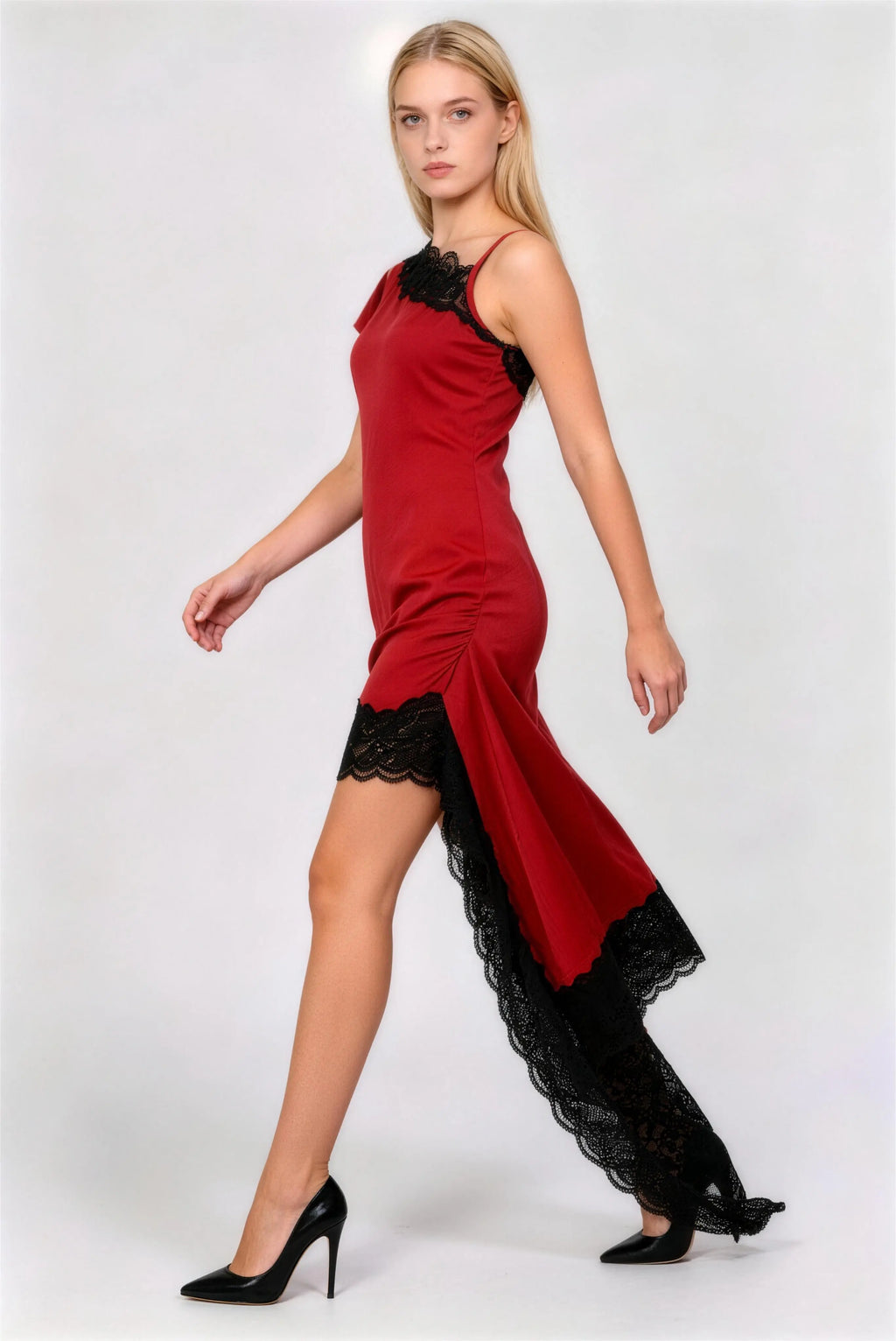 Red Asymmetrical Lace One-Shoulder Party Dress