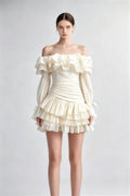 Phoehua Off-Shoulder Ruffle Tiered Chiffon Mini Dress, Front View Ruched Waist Long Sleeve A-Line Bridesmaid Party Dress