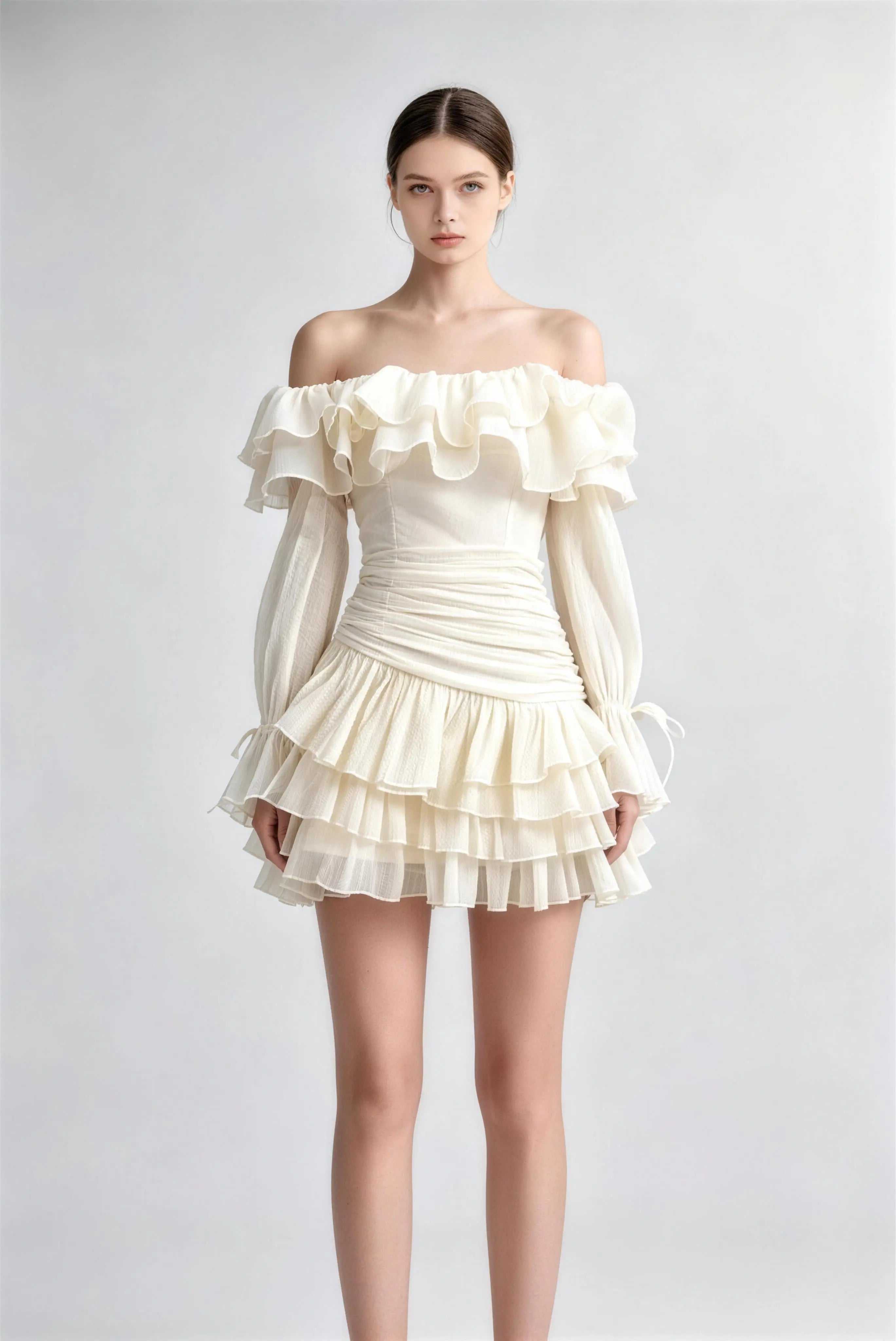Phoehua Off-Shoulder Ruffle Tiered Chiffon Mini Dress, Front View Ruched Waist Long Sleeve A-Line Bridesmaid Party Dress