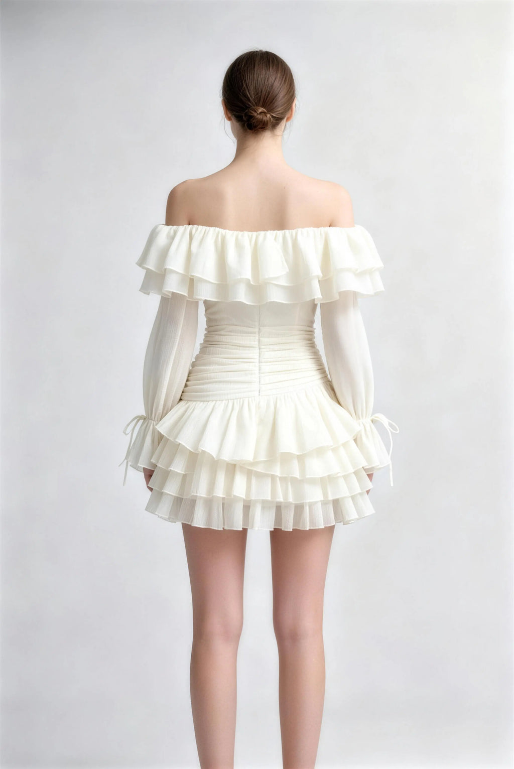 Phoehua Back View of Off-Shoulder Ruffle Dress, Corset Bodice Long Sleeve Tie Cuff A-Line Chiffon Mini Dress