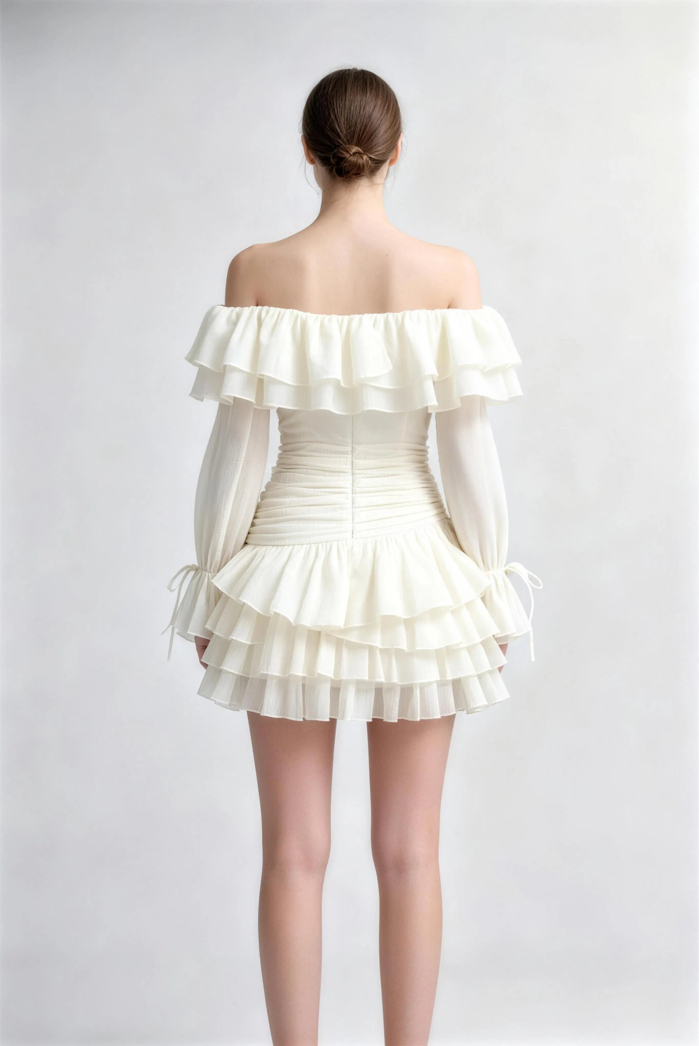 Phoehua Back View of Off-Shoulder Ruffle Dress, Corset Bodice Long Sleeve Tie Cuff A-Line Chiffon Mini Dress