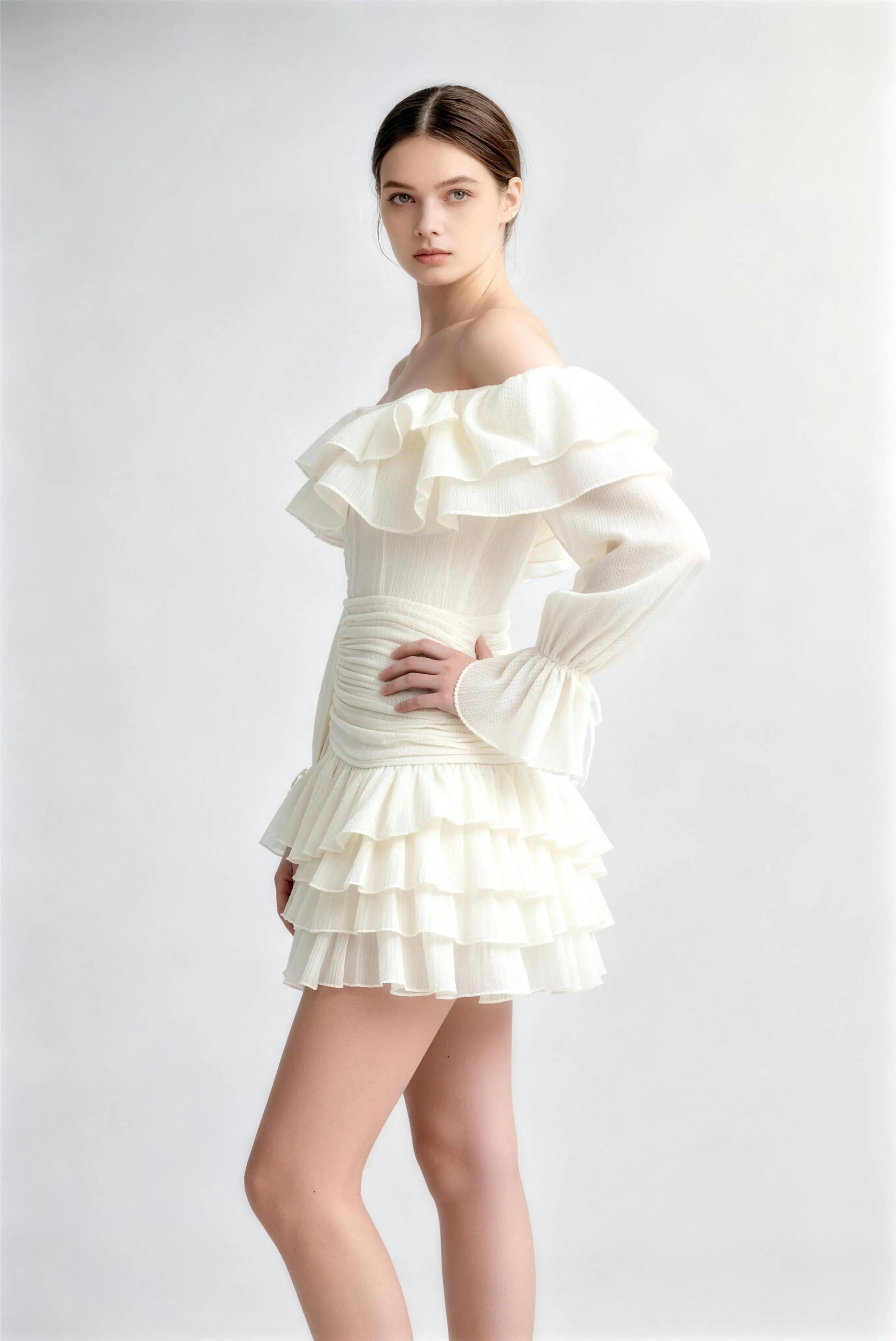 Phoehua Side View of Off-Shoulder Ruffle Chiffon Dress, Ruched Waist Tiered Skirt Long Sleeve Tie Cuff A-Line Mini Dress