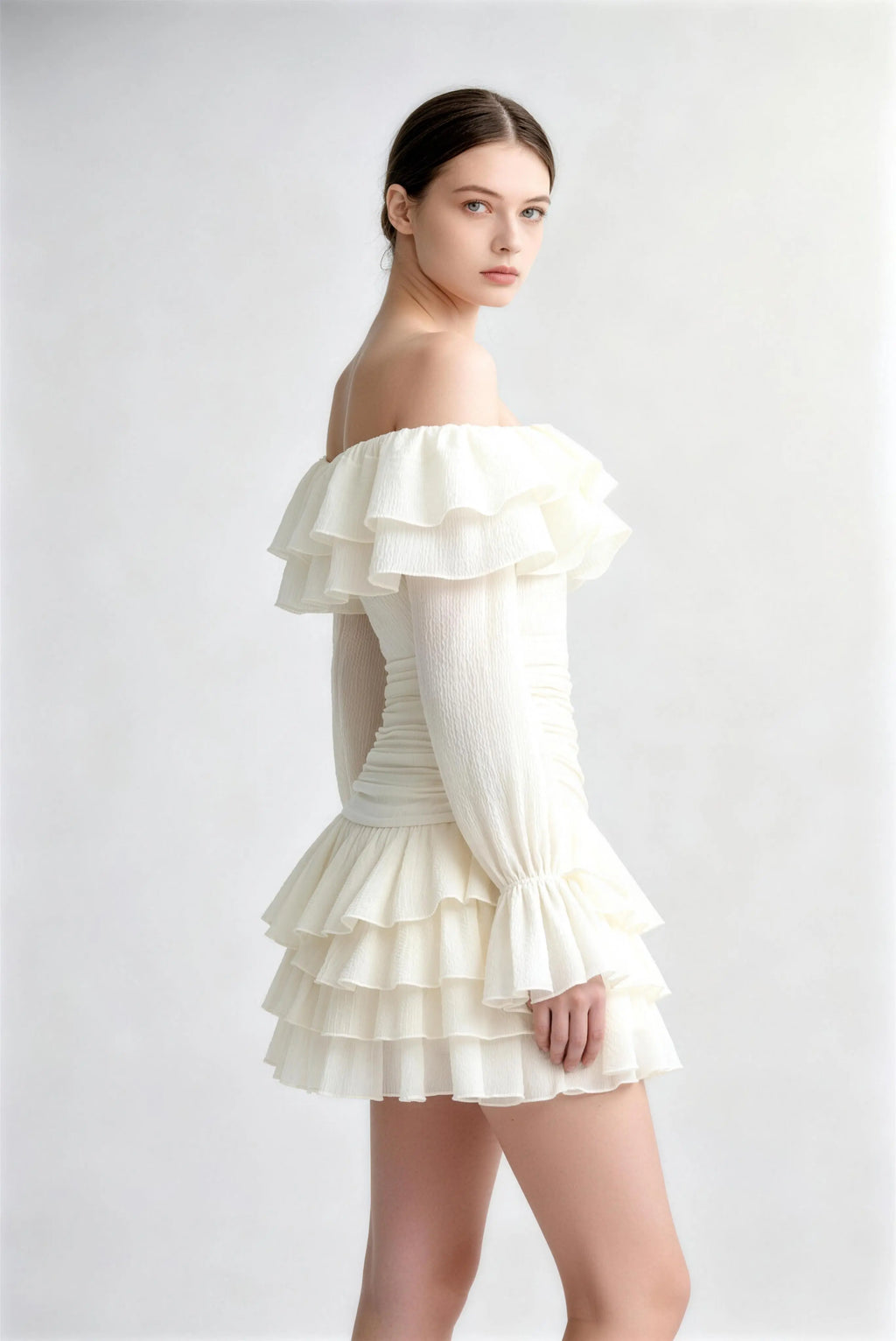 Phoehua Three-Quarter View of Off-Shoulder Ruffle Dress, Layered Tiered Skirt Ruched Waist Long Sleeve A-Line Chiffon Mini Dress