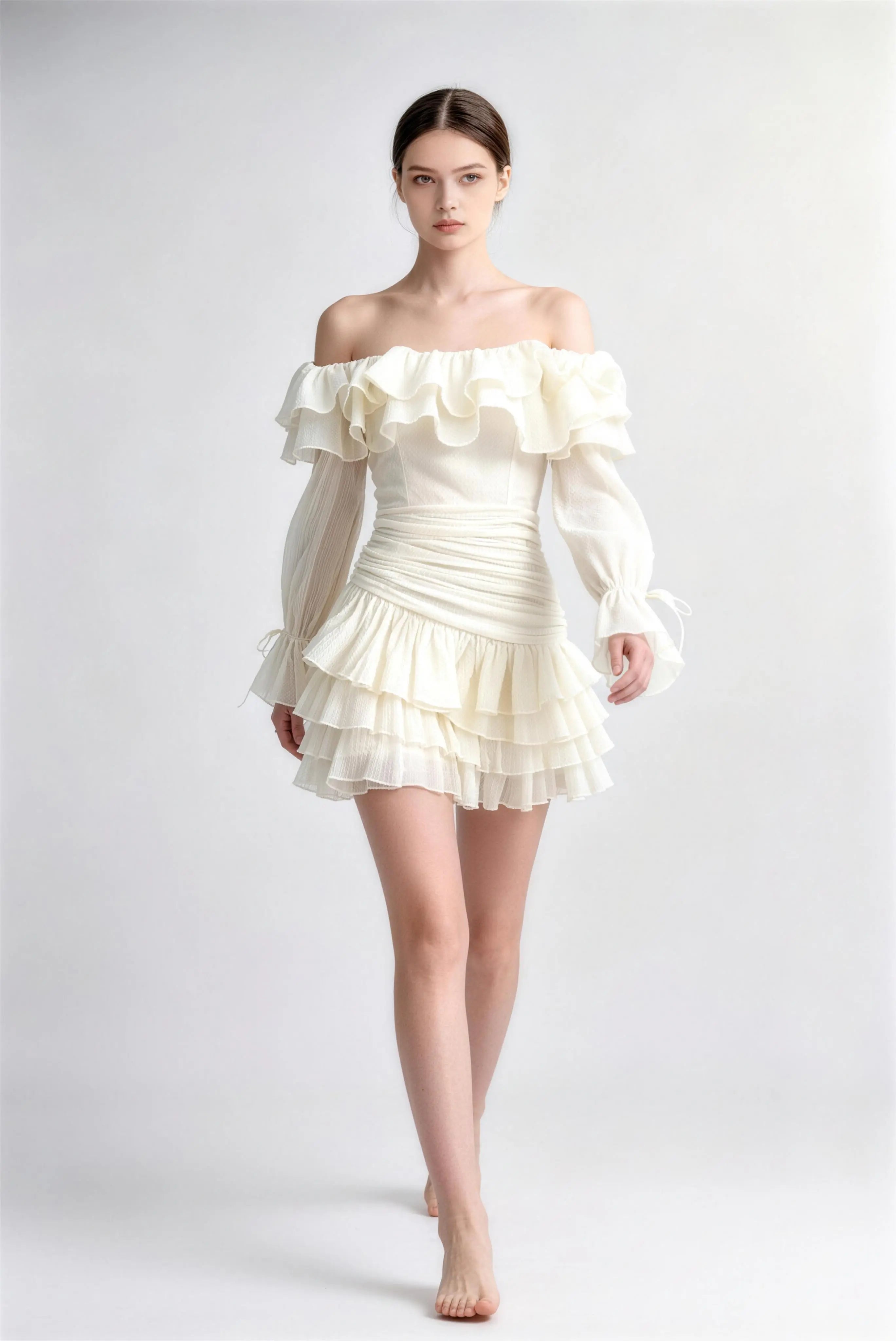 Phoehua Walking Pose of Off-Shoulder Ruffle Chiffon Dress, Flouncy Tiered Skirt Ruched Waist Long Sleeve A-Line Mini Party Dress