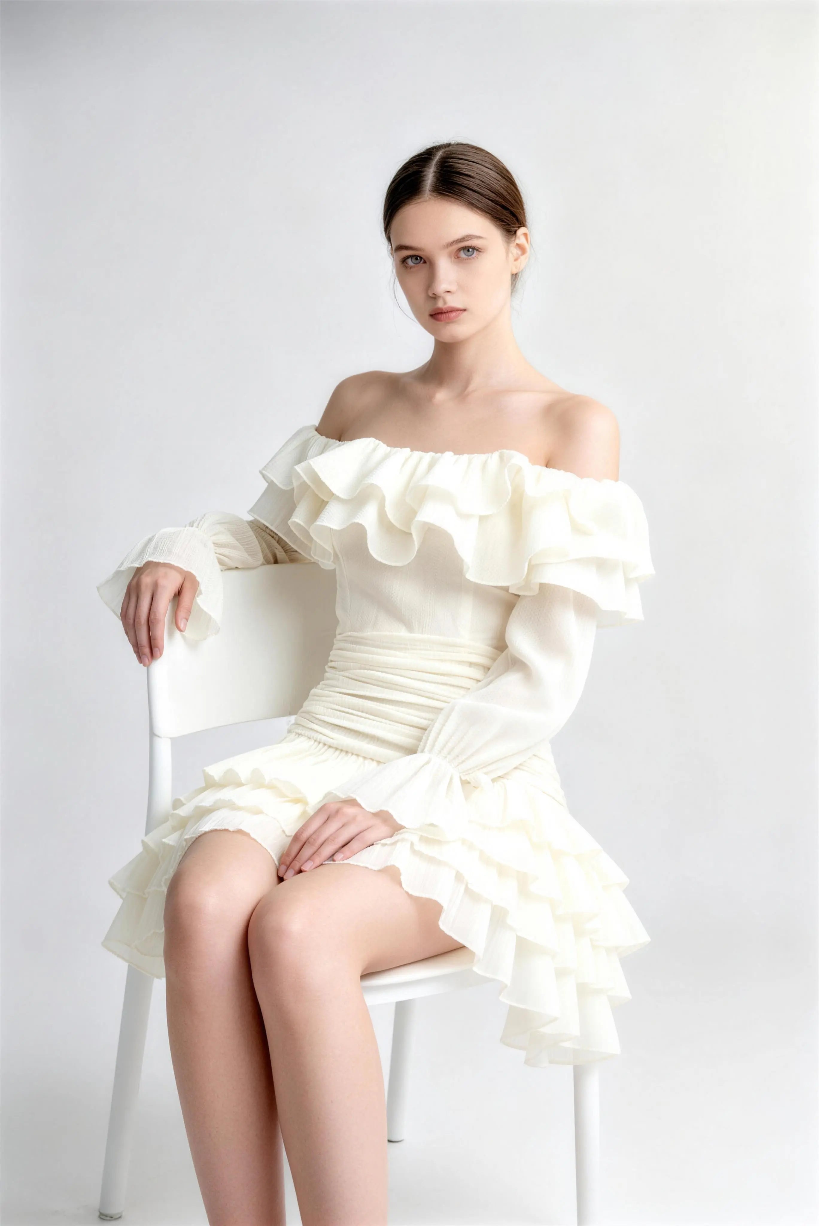 Off-Shoulder Ruffle Chiffon Mini Dress