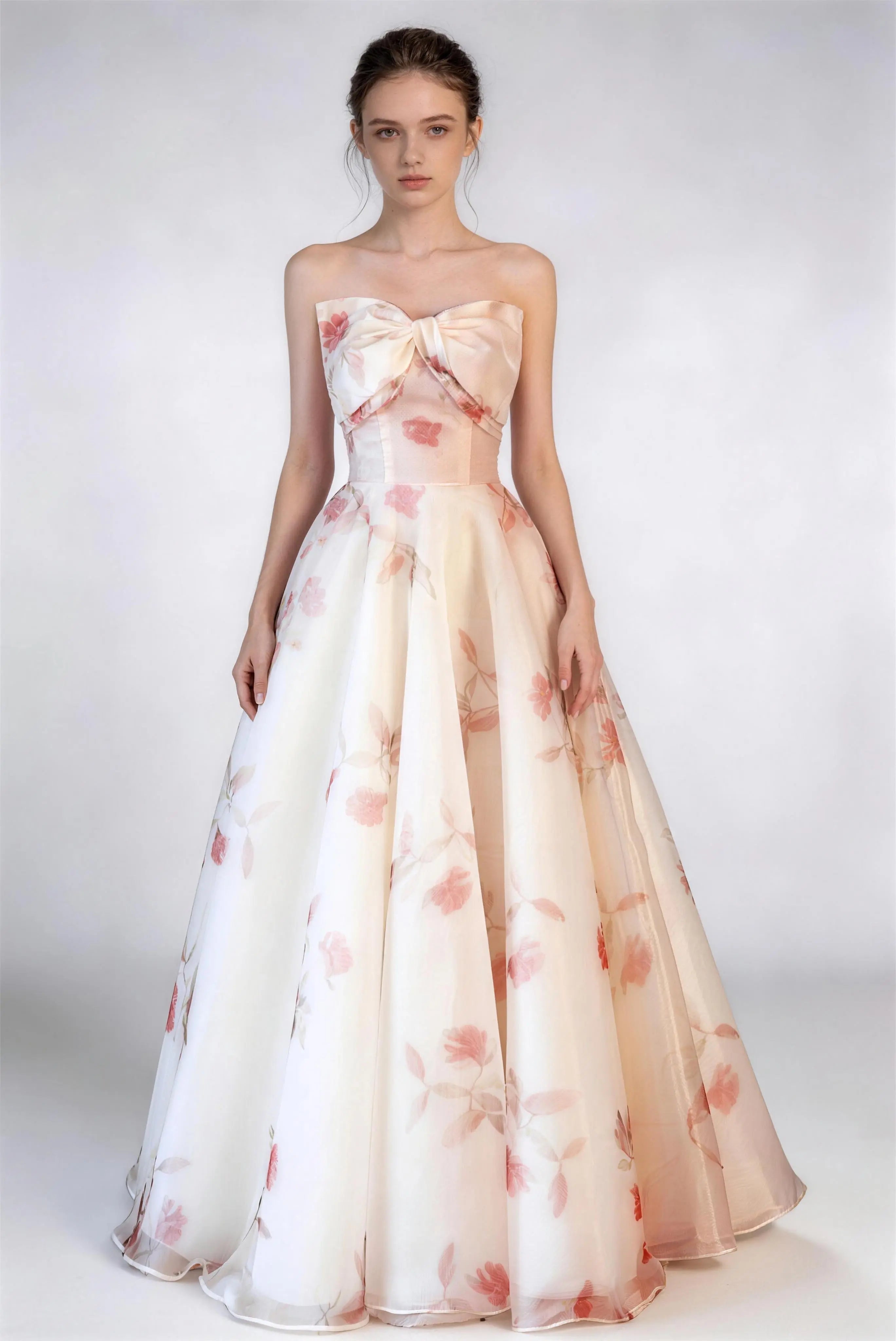 Phoehua Strapless Floral Print Organza Ball Gown, Front View Bow Detail Corset Lace-Up Back Formal Evening Dress