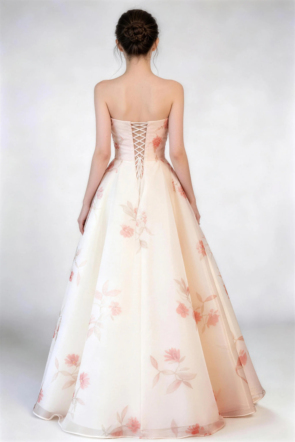 Phoehua Back View of Strapless Floral Print Dress, Lace-Up Back Closure Corset Organza A-Line Formal Ball Gown