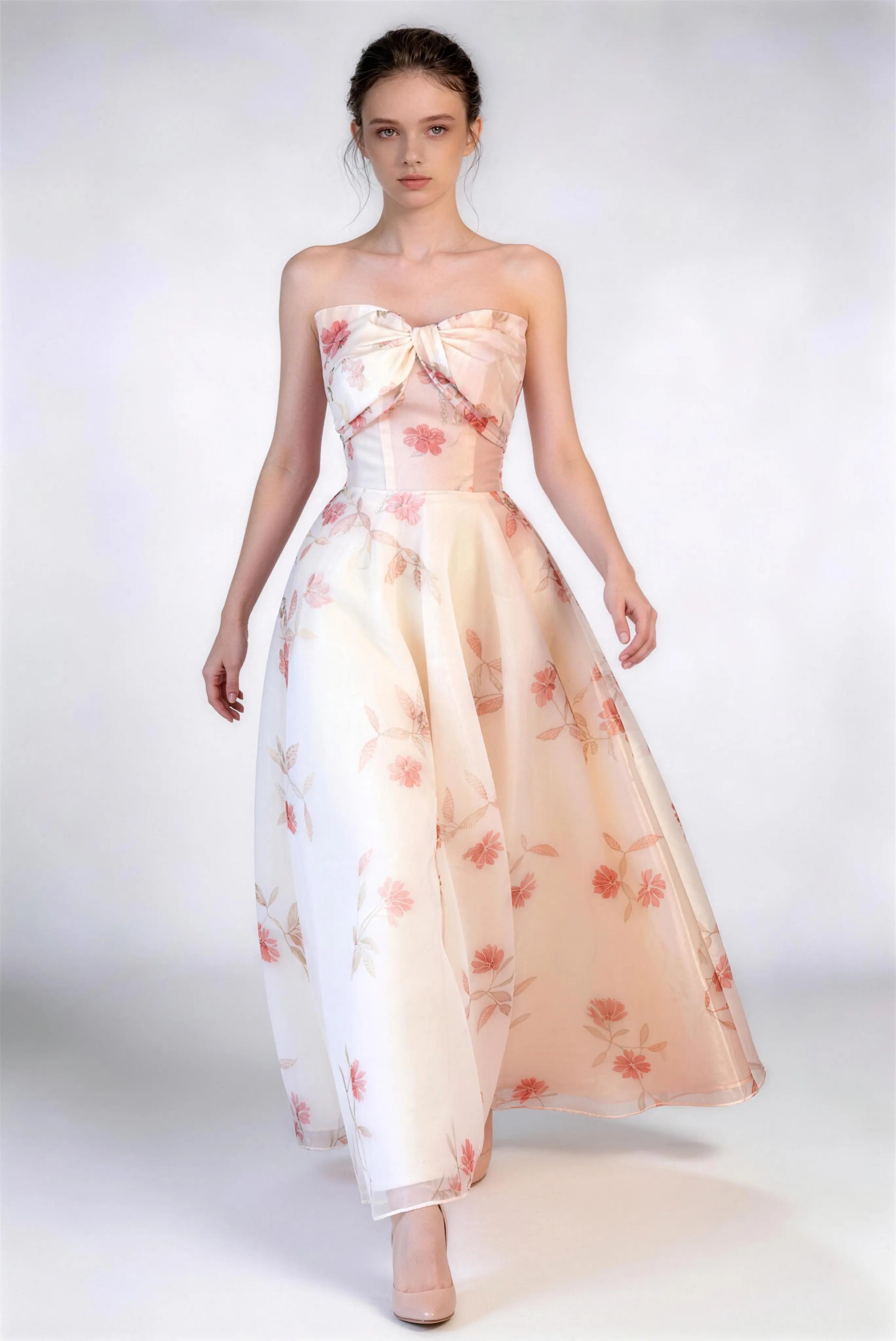 Phoehua Back View of Strapless Floral Print Dress, Lace-Up Back Closure Corset Organza A-Line Formal Ball Gown