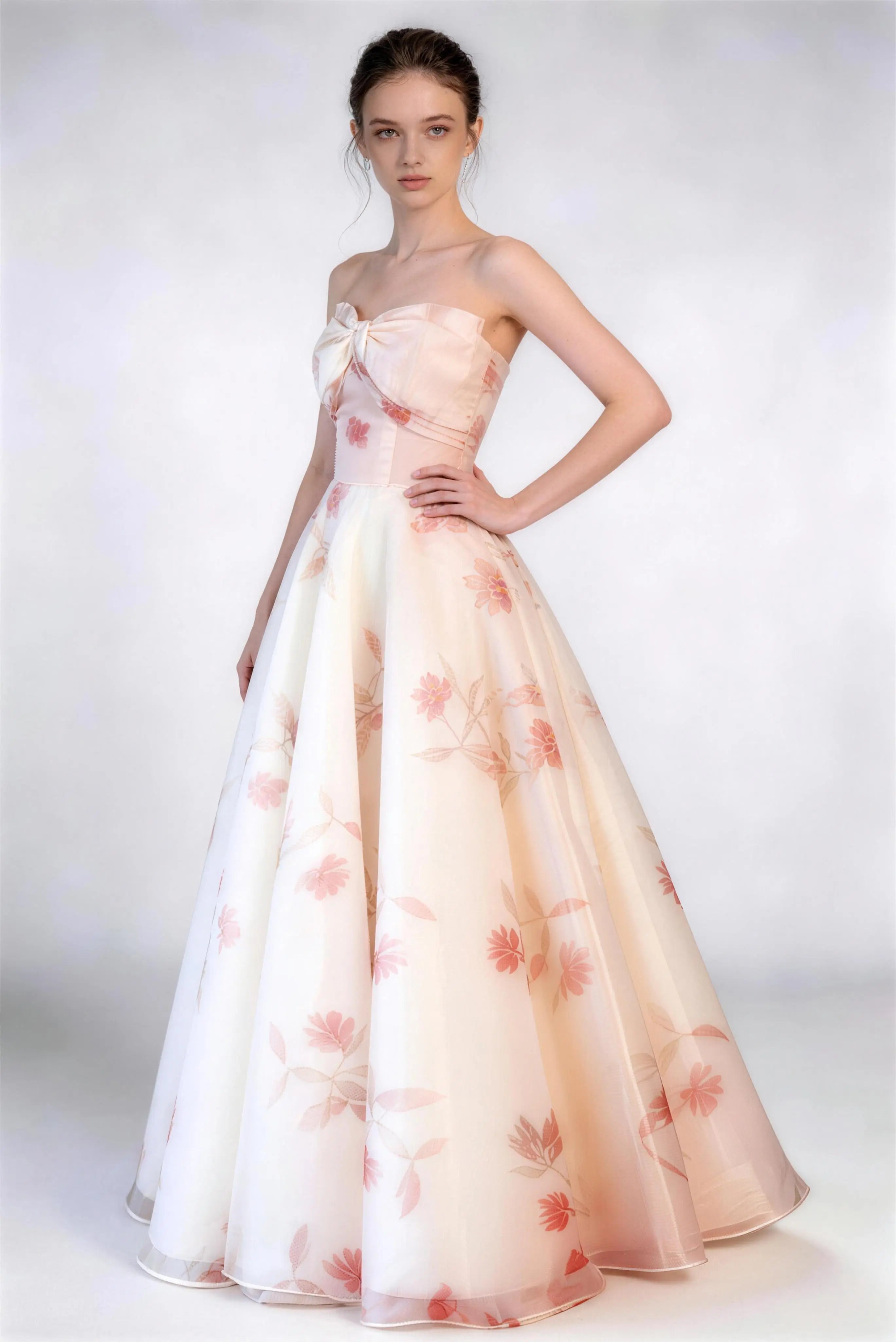 Phoehua Side View of Strapless Floral Print Corset Dress, Bow Detail Organza A-Line Lace-Up Back Formal Ball Gown