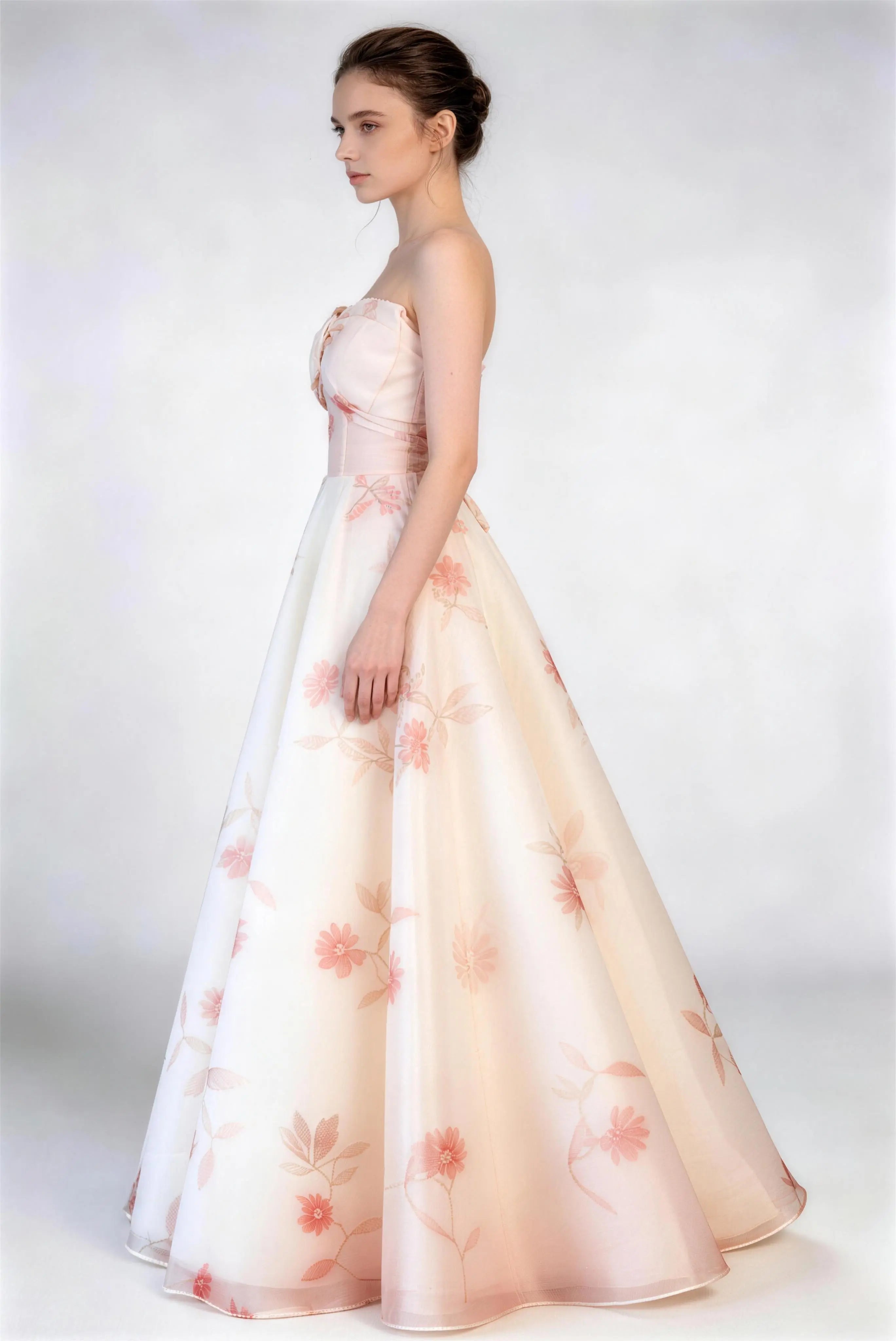 Phoehua Three-Quarter View of Strapless Floral Print Organza Gown, Corset Bodice Lace-Up Back A-Line Formal Evening Dress