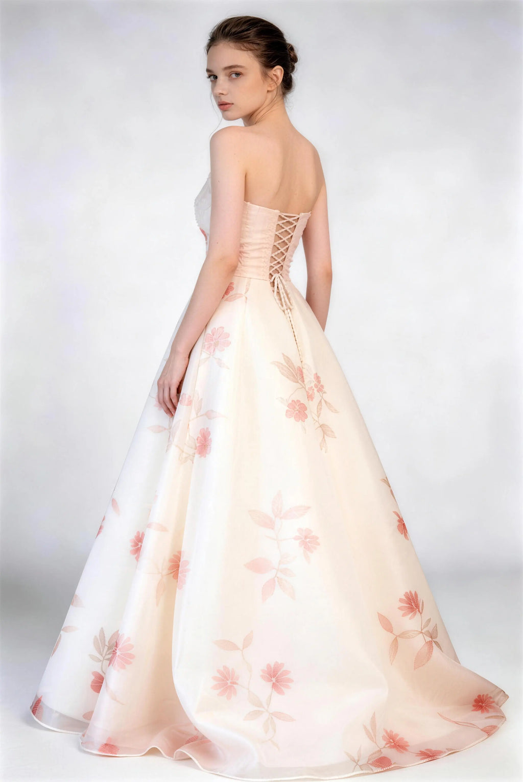 Strapless Floral Print Corset Ball Gown