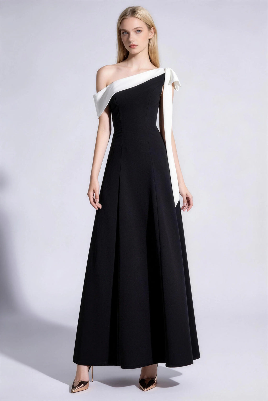 Phoehua Black & White One-Shoulder Bow Detail Maxi Dress, Front View A-Line Acetate Formal Evening Gown