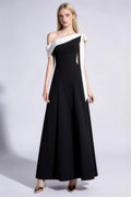 Phoehua Black & White One-Shoulder Bow Detail Maxi Dress, Front View A-Line Acetate Formal Evening Gown
