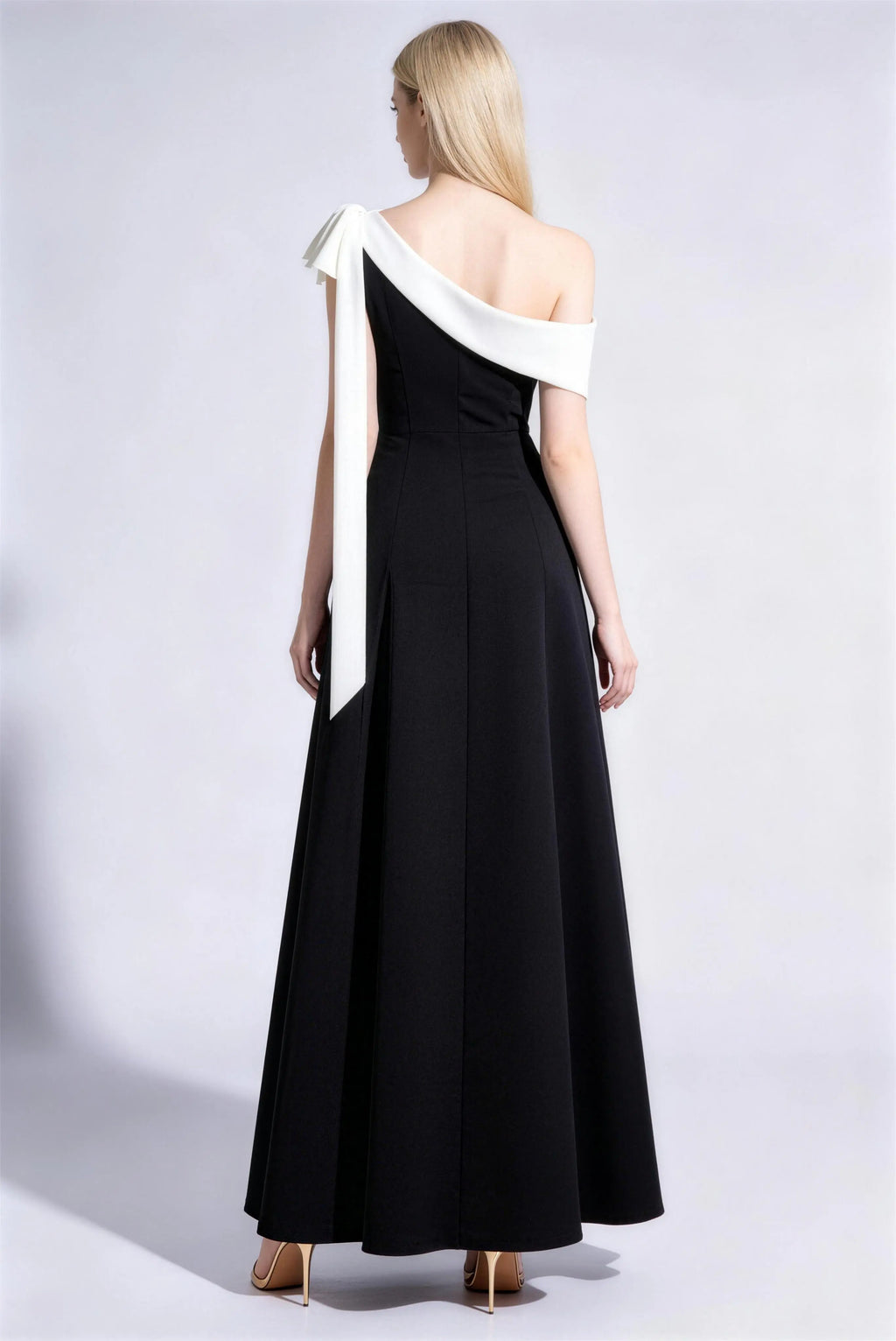 Phoehua Back View of Black & White One-Shoulder Dress, Concealed Zipper A-Line Acetate Formal Evening Gown