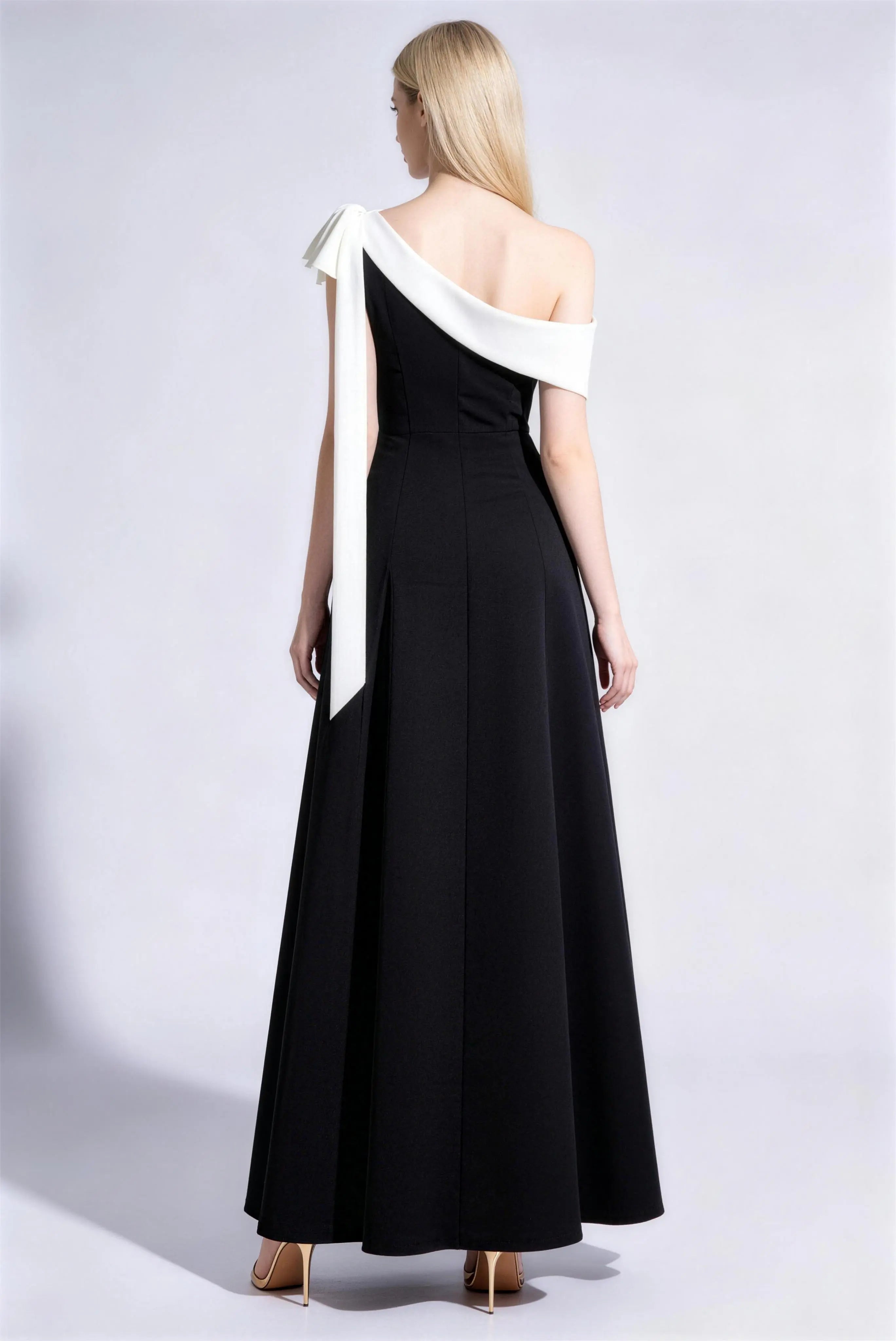 Phoehua Back View of Black & White One-Shoulder Dress, Concealed Zipper A-Line Acetate Formal Evening Gown