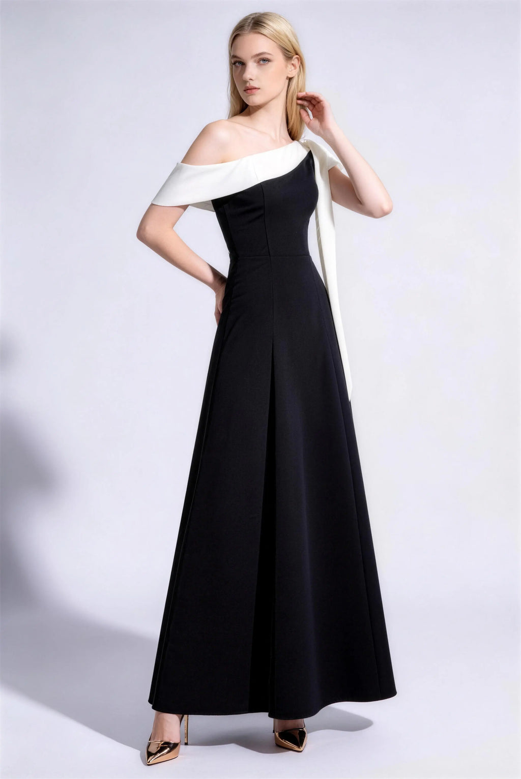 Phoehua Three-Quarter View of Black & White One-Shoulder Dress, Bow Detail Asymmetrical Neck A-Line Maxi Evening Gown