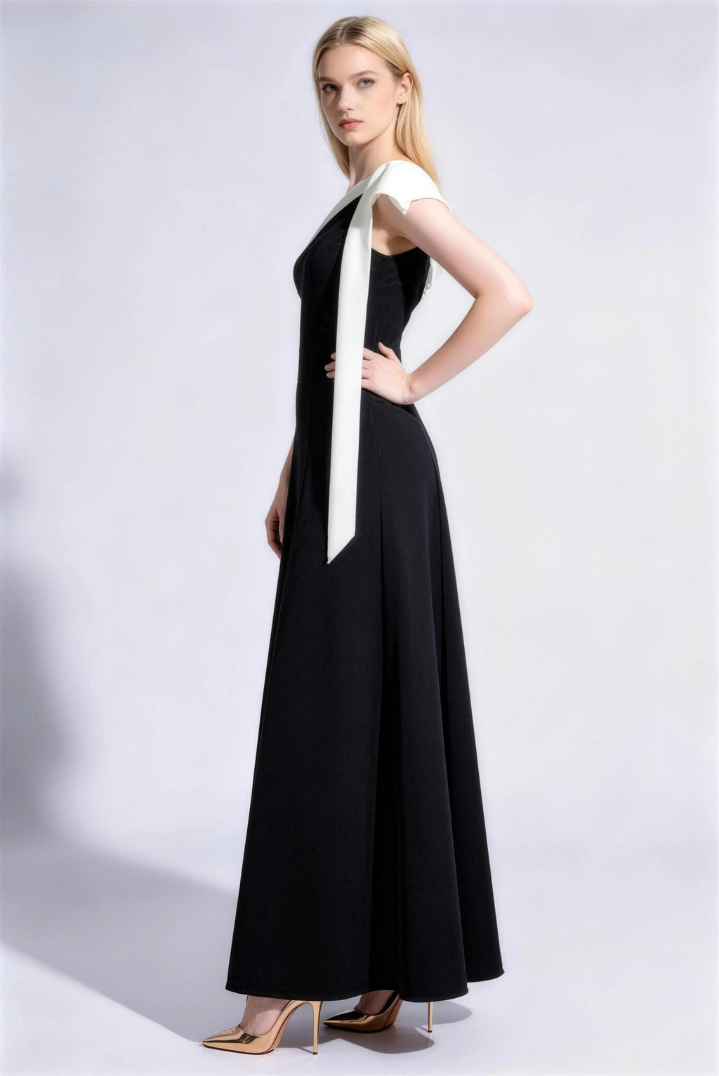 Phoehua Side View of Black & White One-Shoulder Dress, High Waist A-Line Skirt Acetate Formal Evening Gown