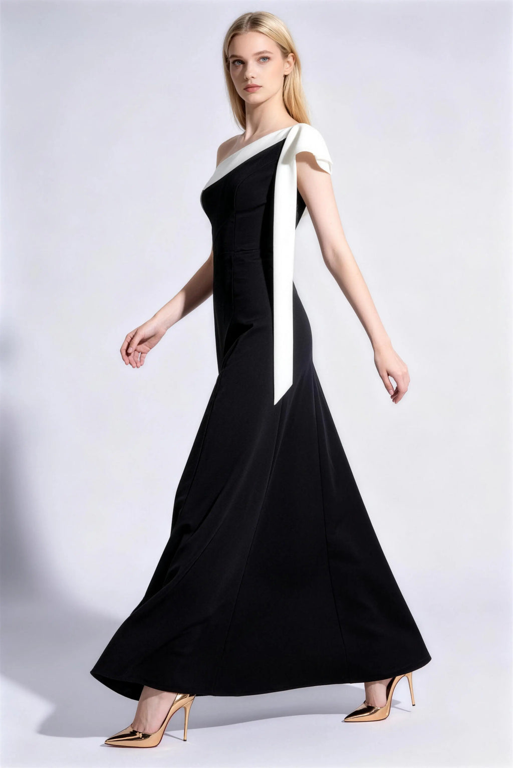 Phoehua Walking Pose of Black & White One-Shoulder Dress, Flowing A-Line Skirt Acetate Formal Evening Gown
