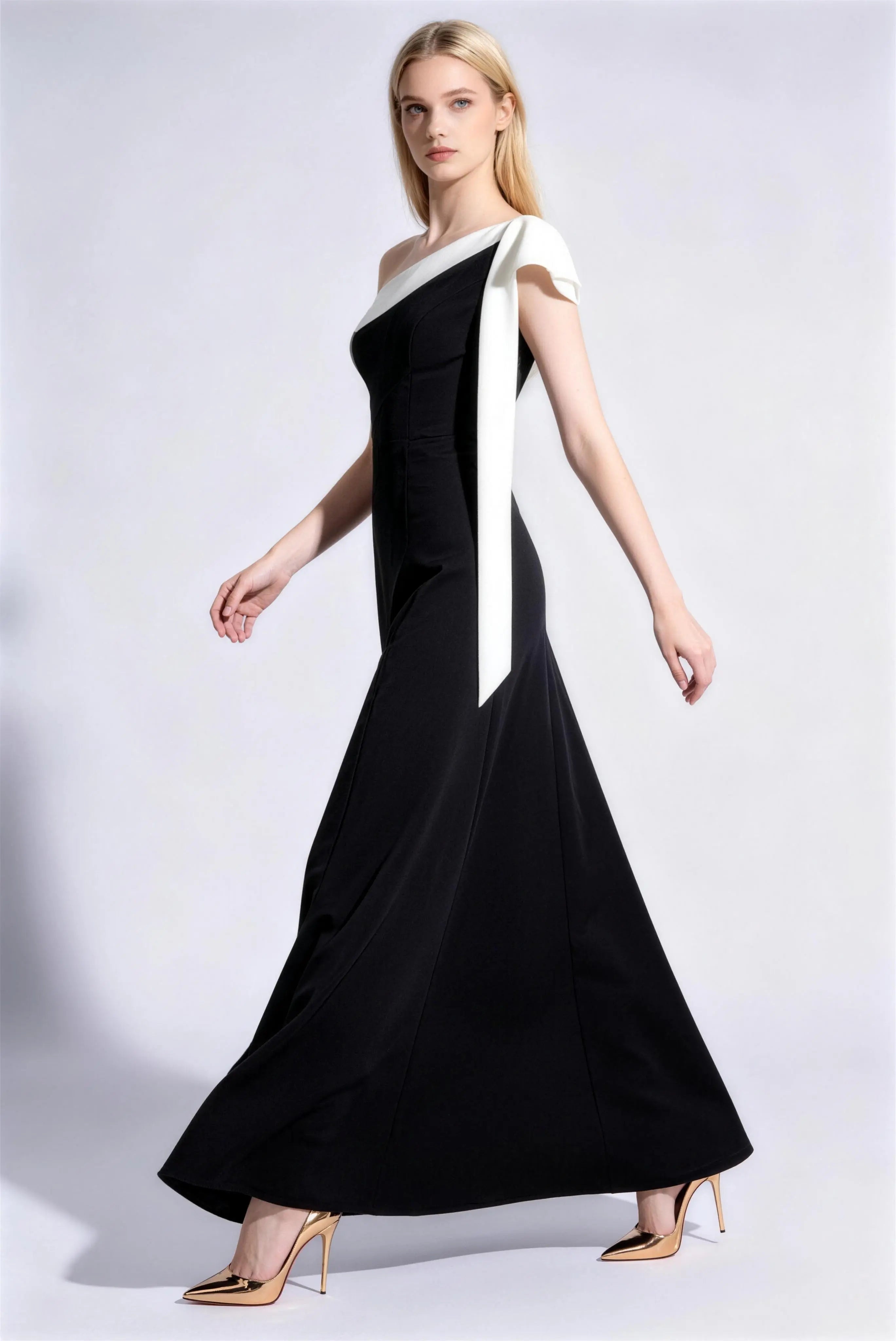 Phoehua Walking Pose of Black & White One-Shoulder Dress, Flowing A-Line Skirt Acetate Formal Evening Gown