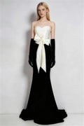 Phoehua Black White Strapless Velvet Mermaid Evening Gown with Satin Bow & Matching Velvet Gloves, Front View Formal Dress