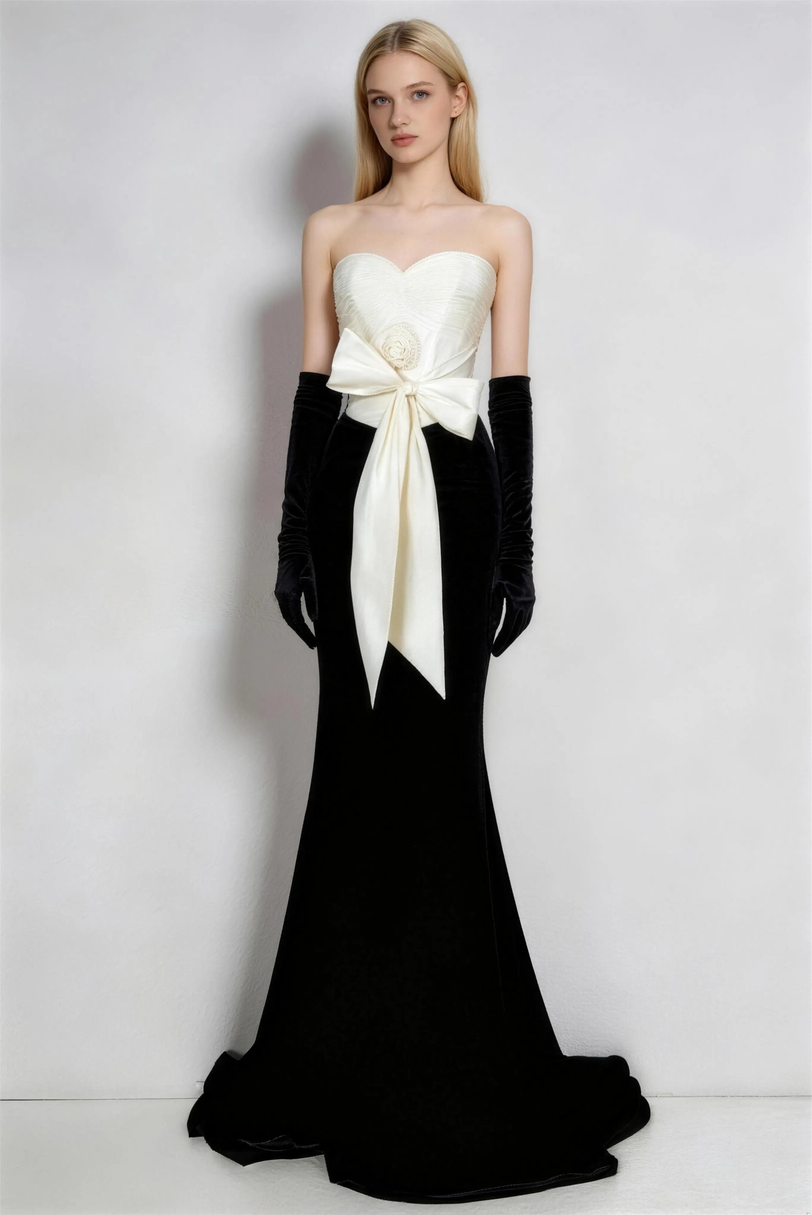 Phoehua Black White Strapless Velvet Mermaid Evening Gown with Satin Bow & Matching Velvet Gloves, Front View Formal Dress