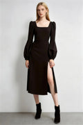 Phoehua Black Square Neck Puff Sleeve High Waist Midi Dress, Front View Side Slit Elegant Long Sleeve Party Dress