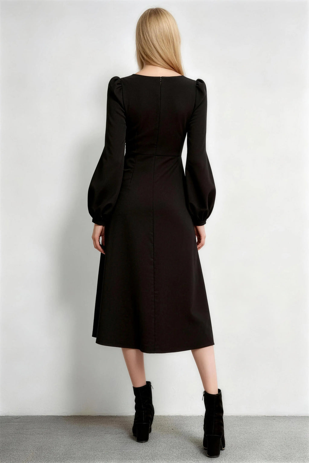 Phoehua Back View of Black Square Neck Dress, Puff Sleeve High Waist Side Slit Midi Dress with Hidden Zipper