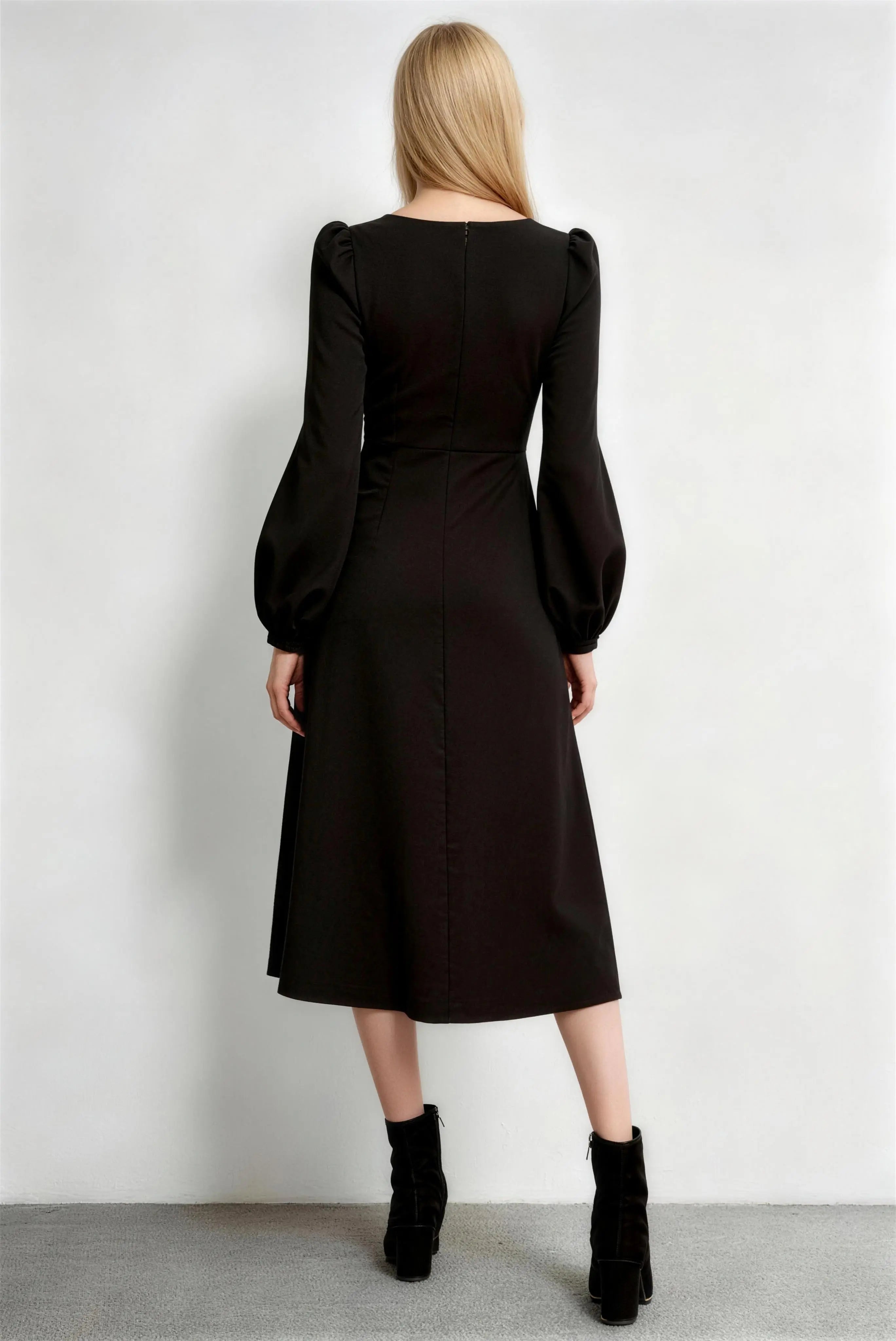 Phoehua Back View of Black Square Neck Dress, Puff Sleeve High Waist Side Slit Midi Dress with Hidden Zipper