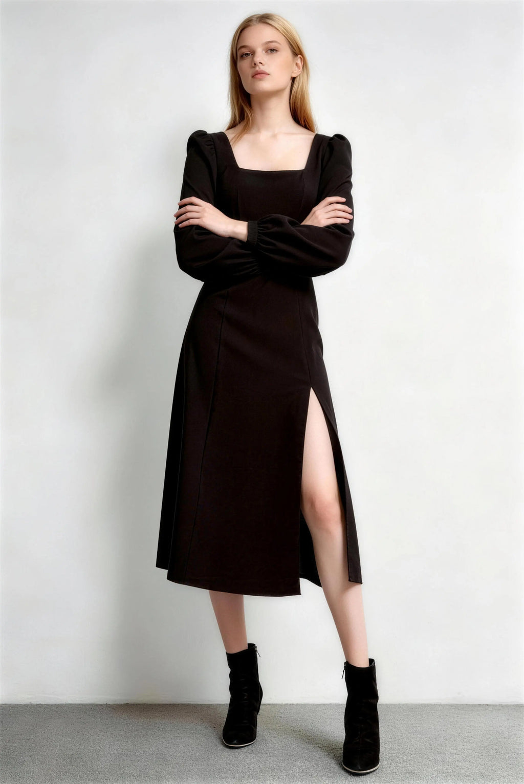 Phoehua Three‑Quarter View of Black Square Neck Dress, Puff Sleeve High Waist Side Slit Elegant Long Sleeve Midi Dress