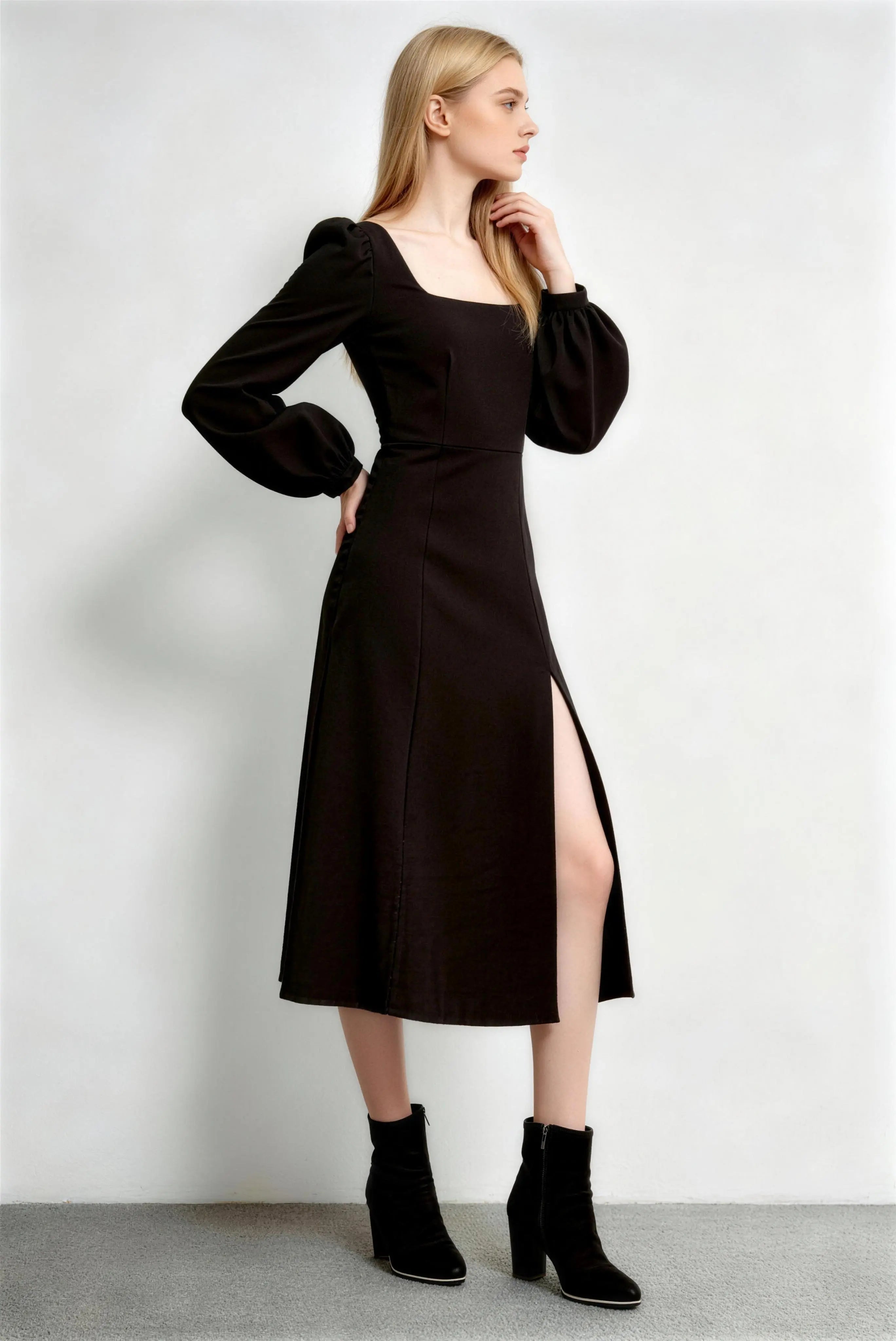 Phoehua Side View of Black Square Neck Midi Dress, Puff Sleeve High Waist Side Slit Elegant Long Sleeve Party Dress