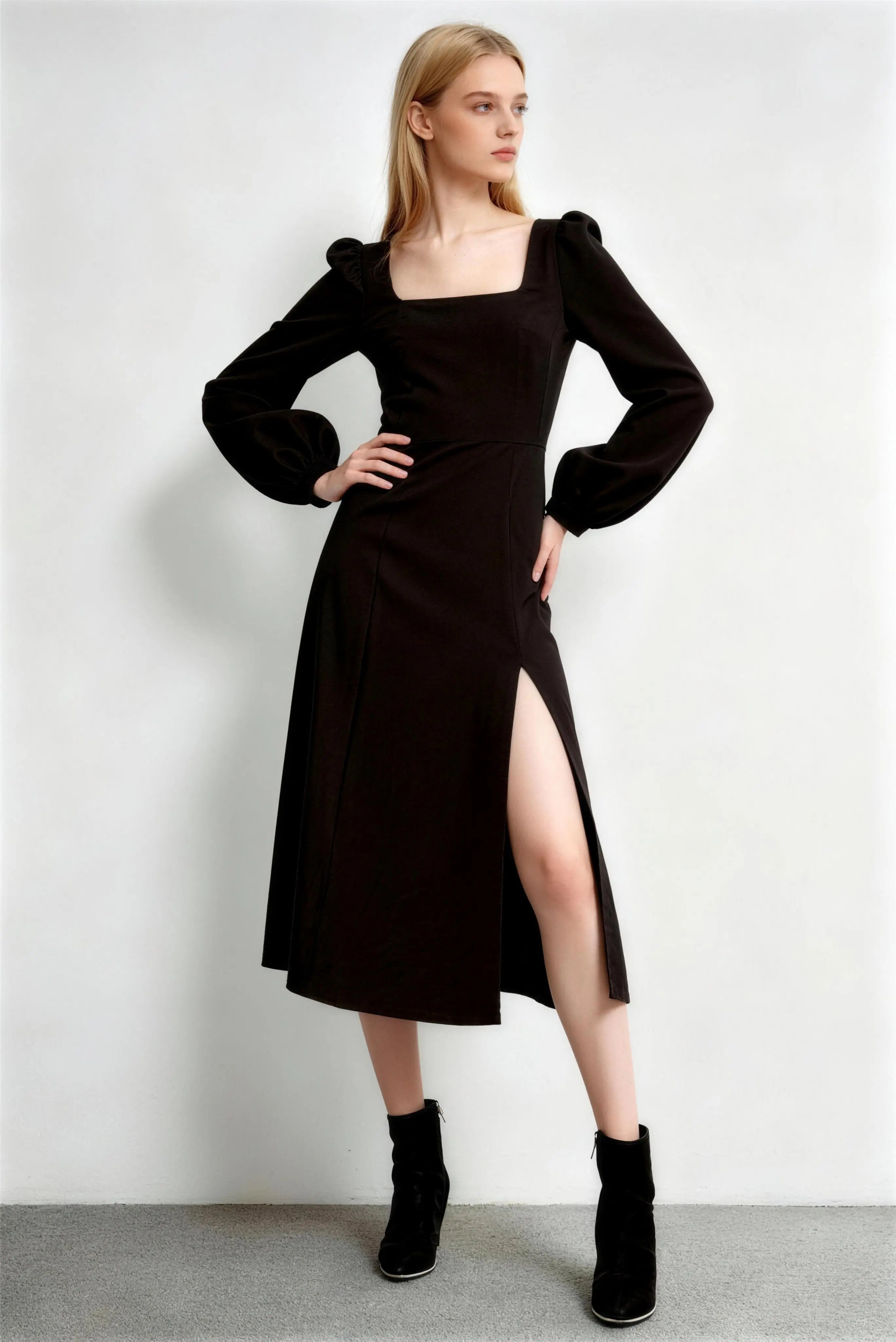 Phoehua Standing Pose of Black Square Neck Dress, Puff Sleeve High Waist Side Slit Minimalist Elegant Midi Dress