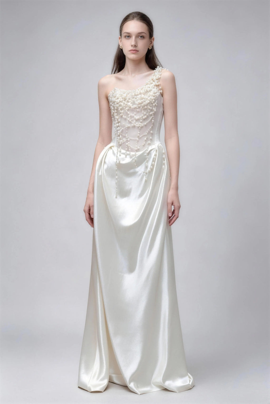 Phoehua One‑Shoulder Pearl Beaded Satin Wedding Dress, Front View High Waist A‑Line Floor‑Length Elegant Evening Gown