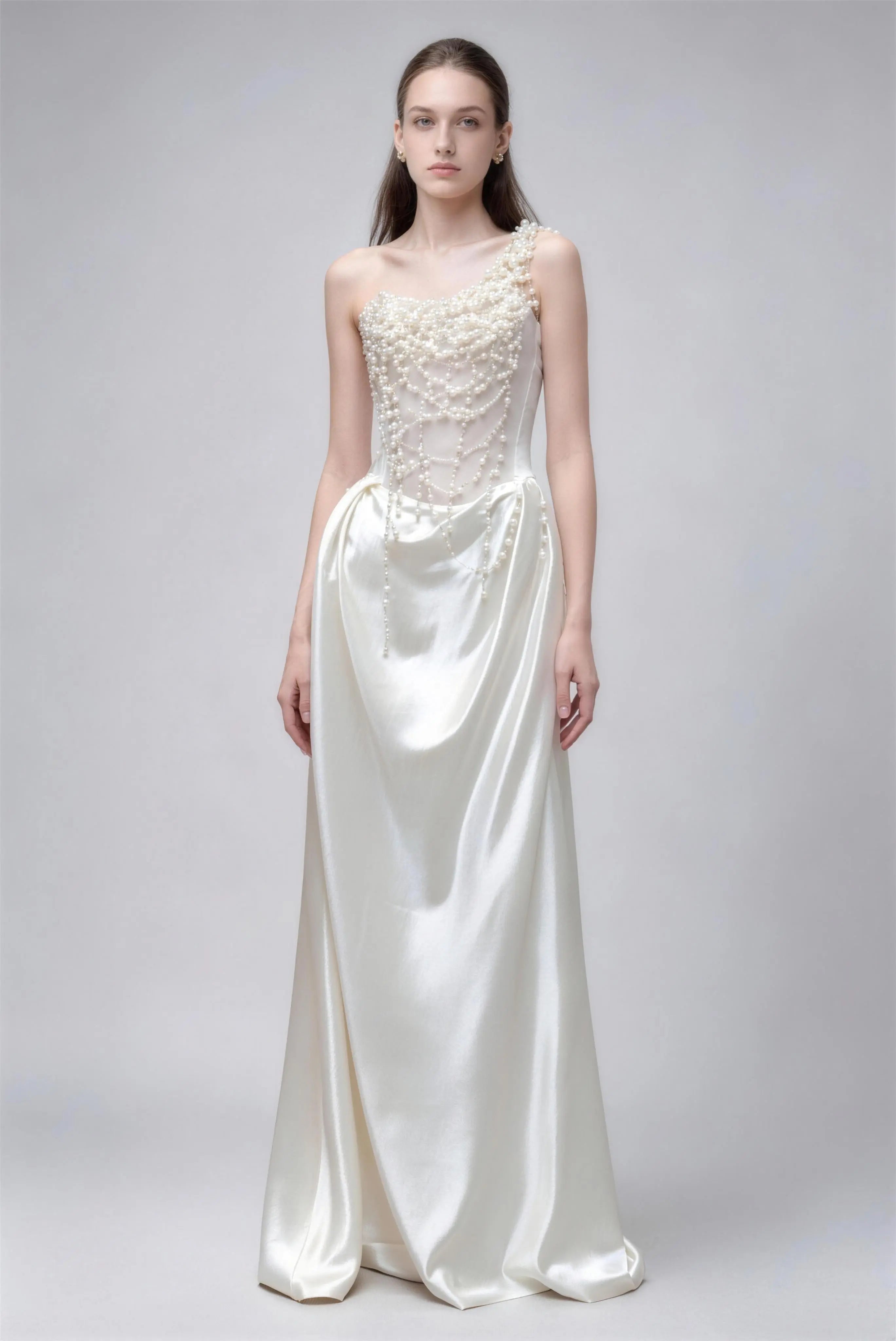 Phoehua One‑Shoulder Pearl Beaded Satin Wedding Dress, Front View High Waist A‑Line Floor‑Length Elegant Evening Gown
