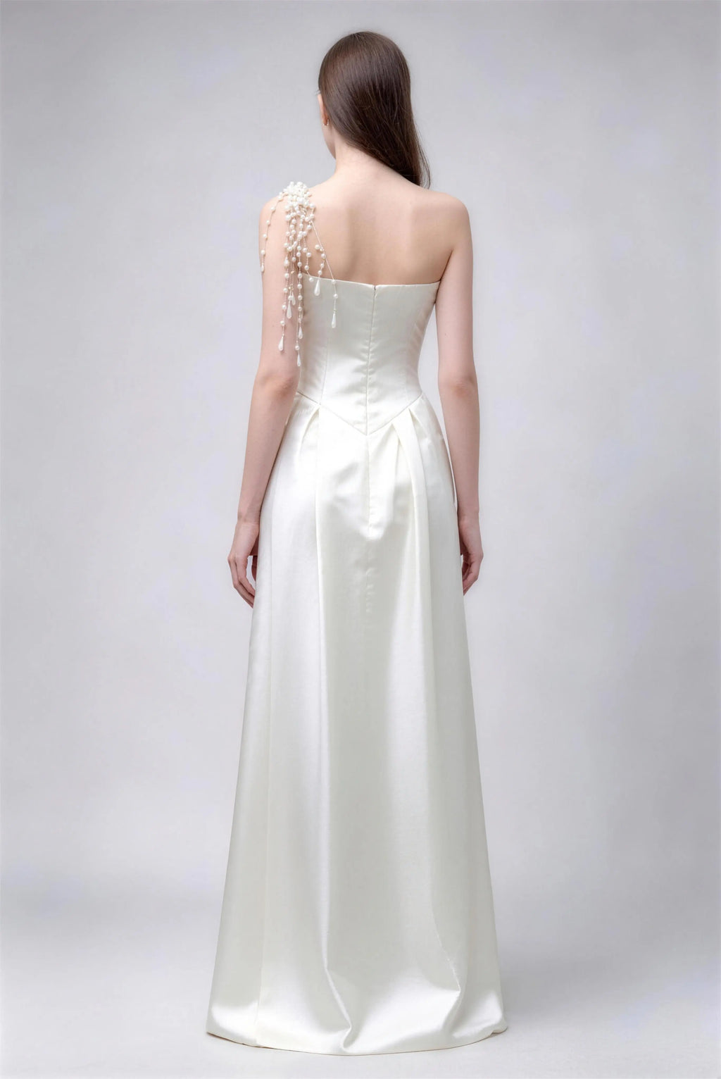 Phoehua Back View of One‑Shoulder Pearl Beaded Satin Dress, High Waist A‑Line Floor‑Length Bridal Evening Gown