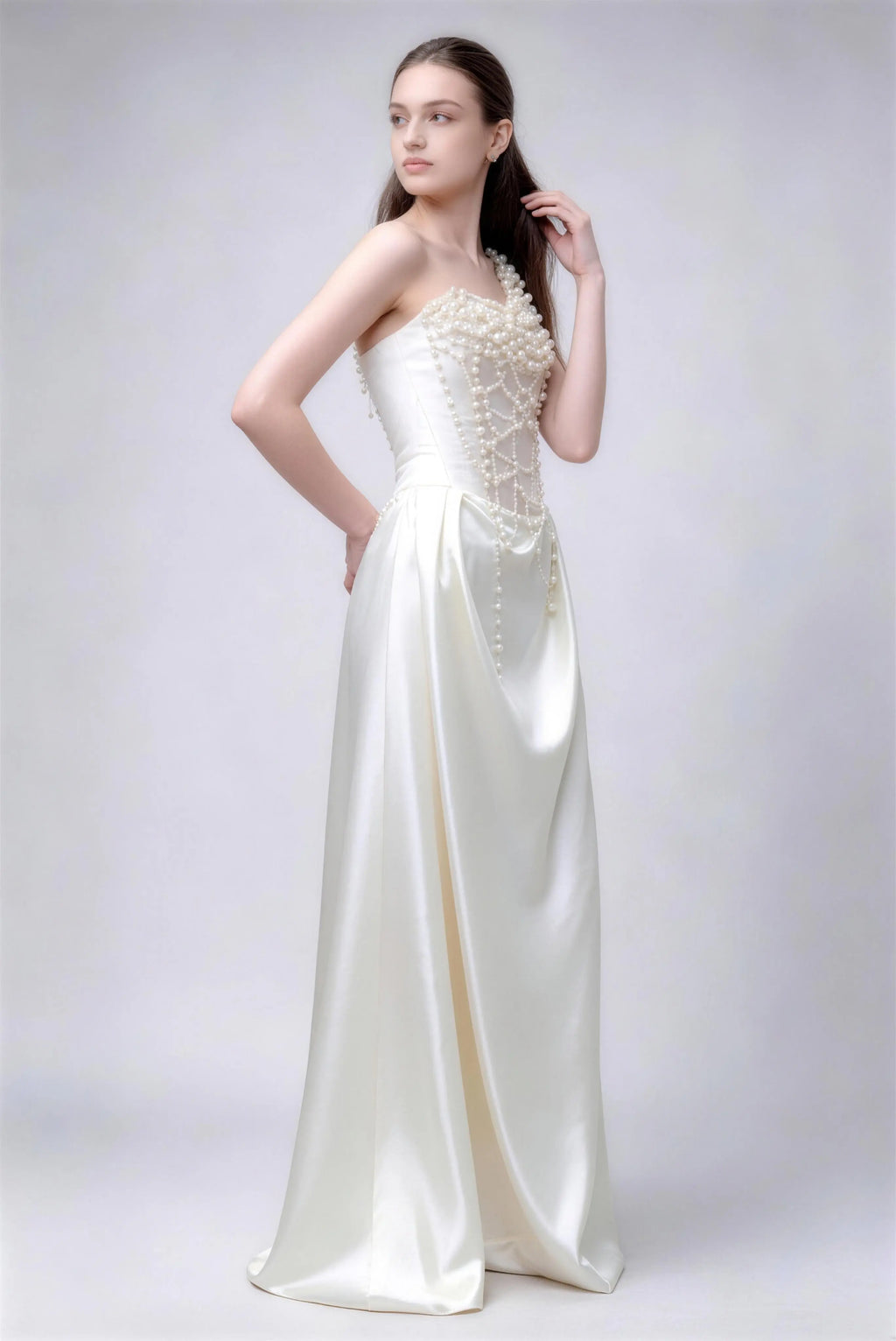 Phoehua Three‑Quarter View of One‑Shoulder Pearl Satin Wedding Dress, Corset Beaded Bodice High Waist A‑Line Formal Gown