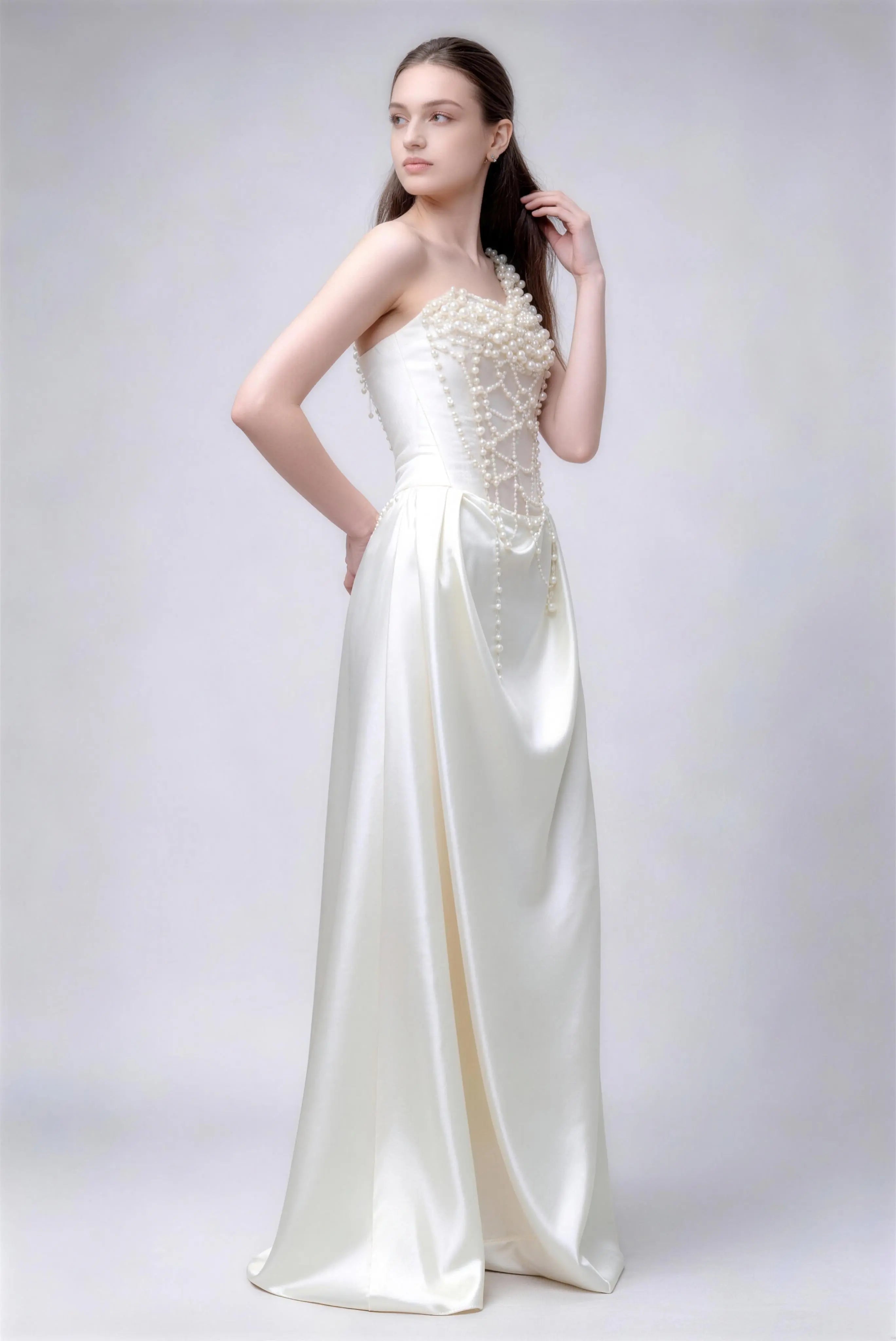 Phoehua Three‑Quarter View of One‑Shoulder Pearl Satin Wedding Dress, Corset Beaded Bodice High Waist A‑Line Formal Gown