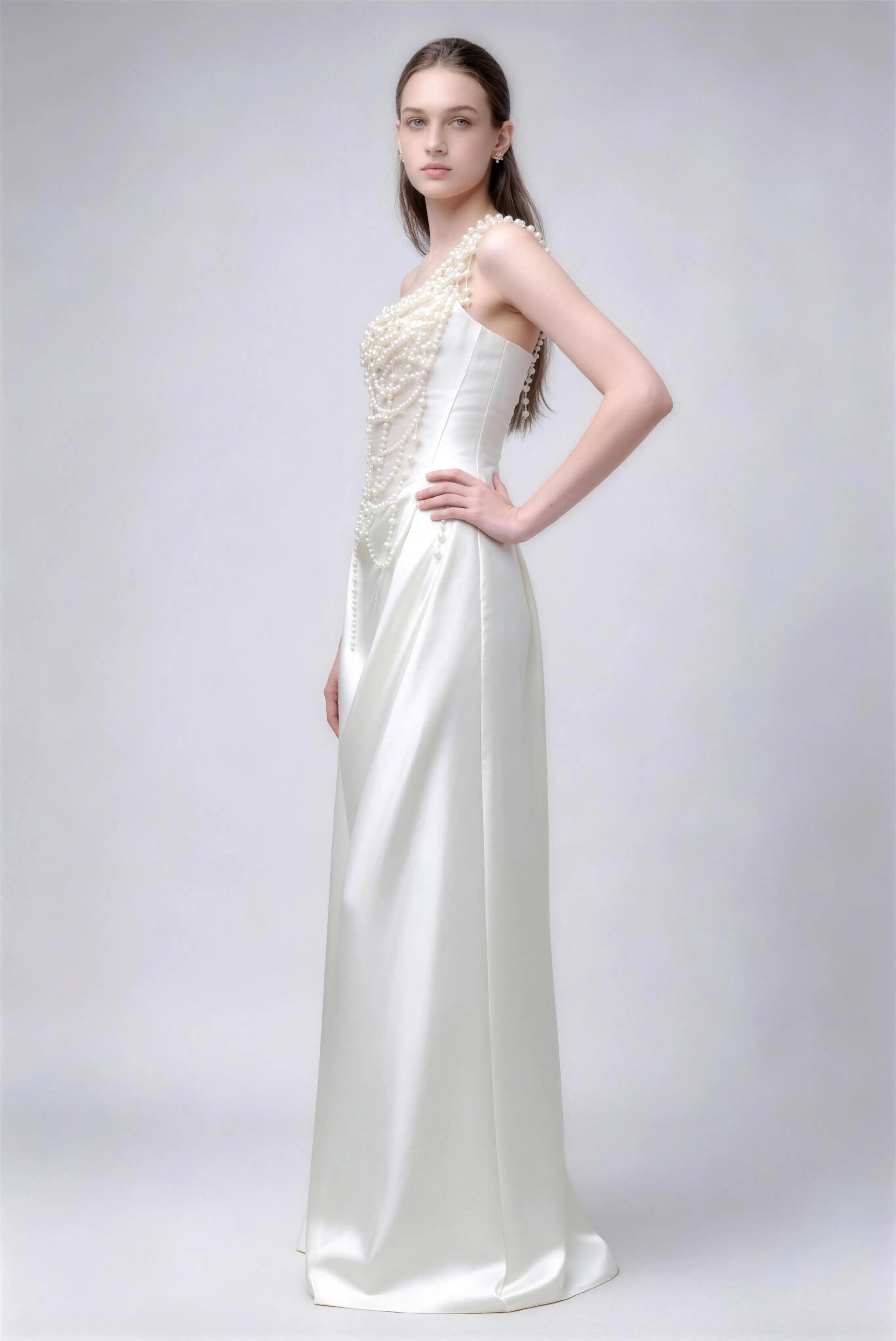 Phoehua Side View of One‑Shoulder Pearl Beaded Satin Gown, High Waist A‑Line Floor‑Length Elegant Evening Dress