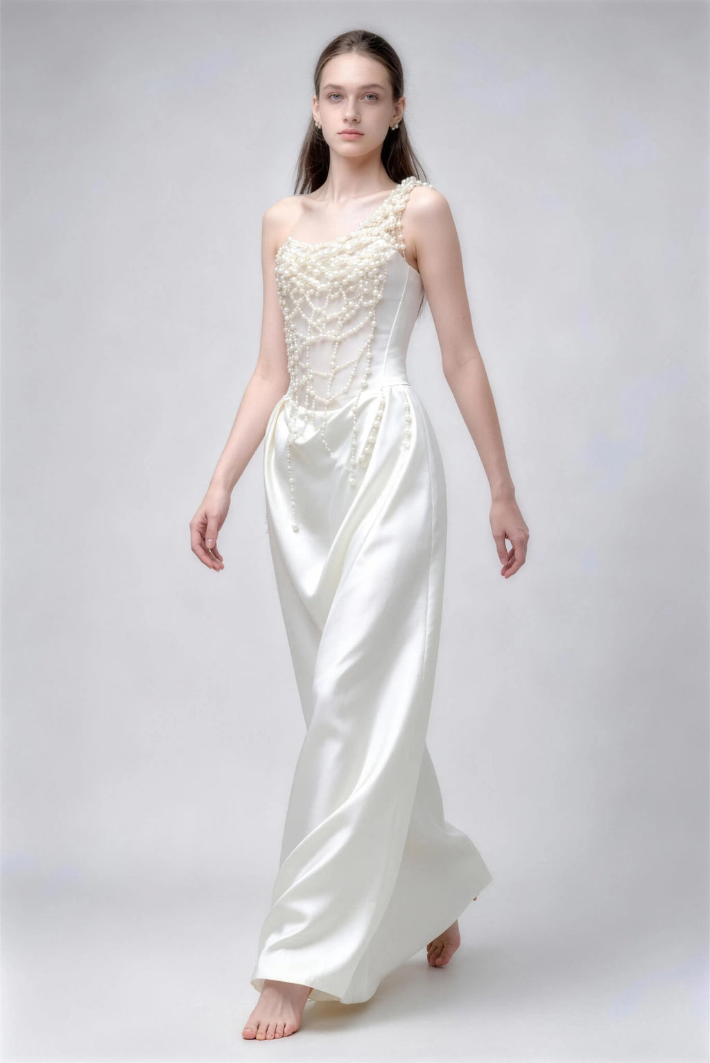 Phoehua Walking Pose of One‑Shoulder Pearl Satin Wedding Dress, Flowing A‑Line Skirt High‑End Bridal Evening Gown