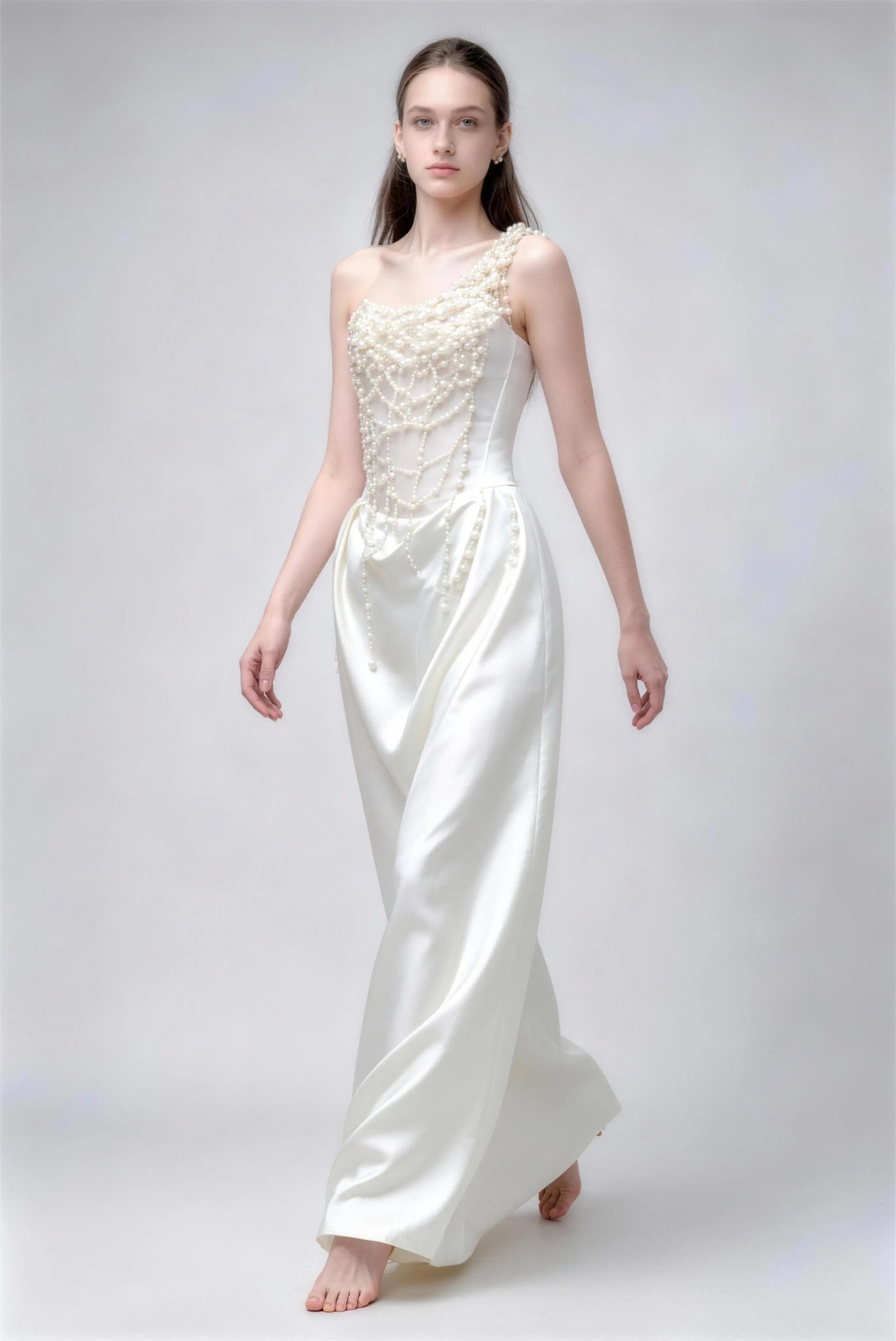 Phoehua Walking Pose of One‑Shoulder Pearl Satin Wedding Dress, Flowing A‑Line Skirt High‑End Bridal Evening Gown