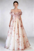 Phoehua Off‑Shoulder Satin Bow Floral Embroidered A‑Line Formal Gown, Front View High Waist Lace Floor‑Length Evening Dress