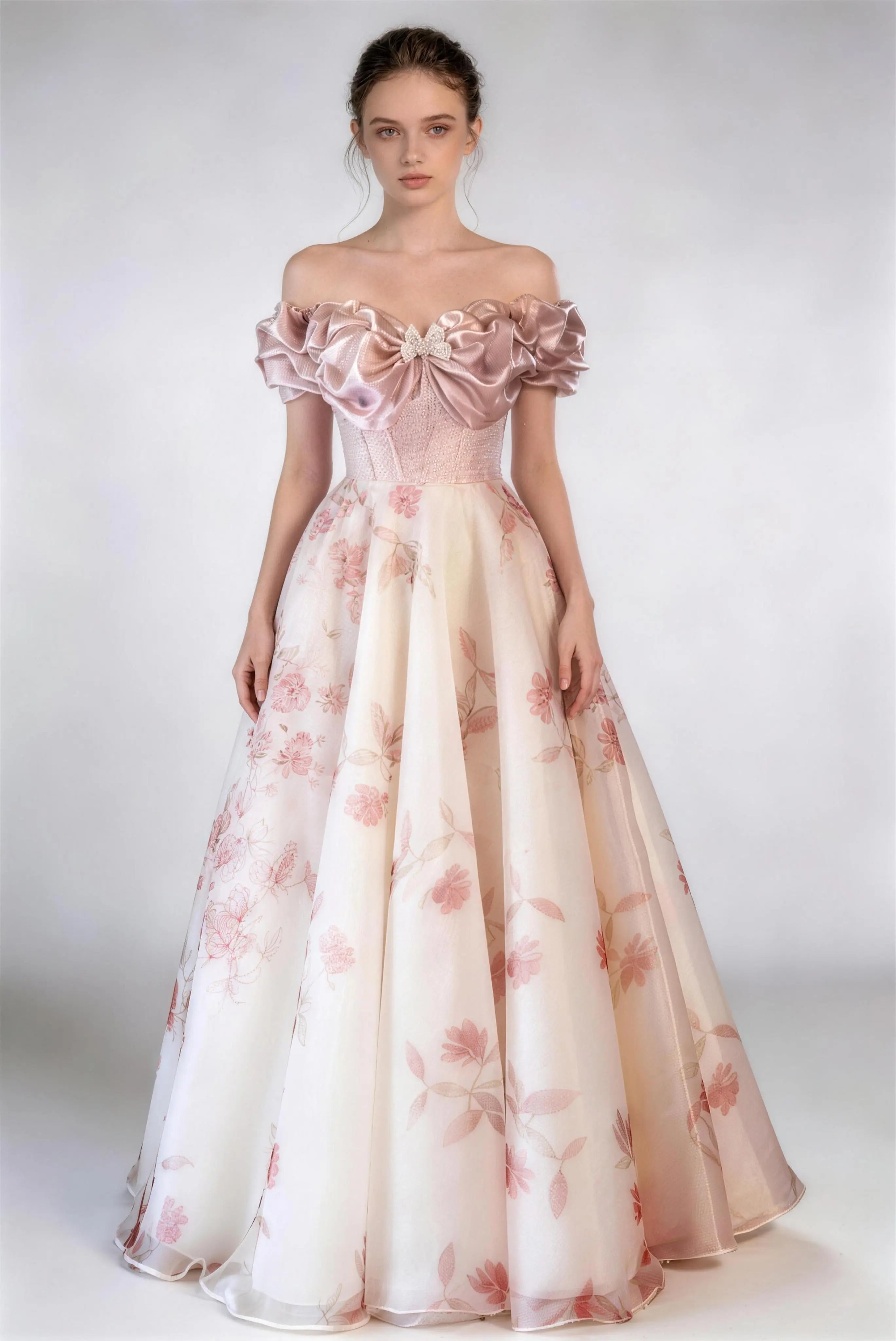 Phoehua Off‑Shoulder Satin Bow Floral Embroidered A‑Line Formal Gown, Front View High Waist Lace Floor‑Length Evening Dress