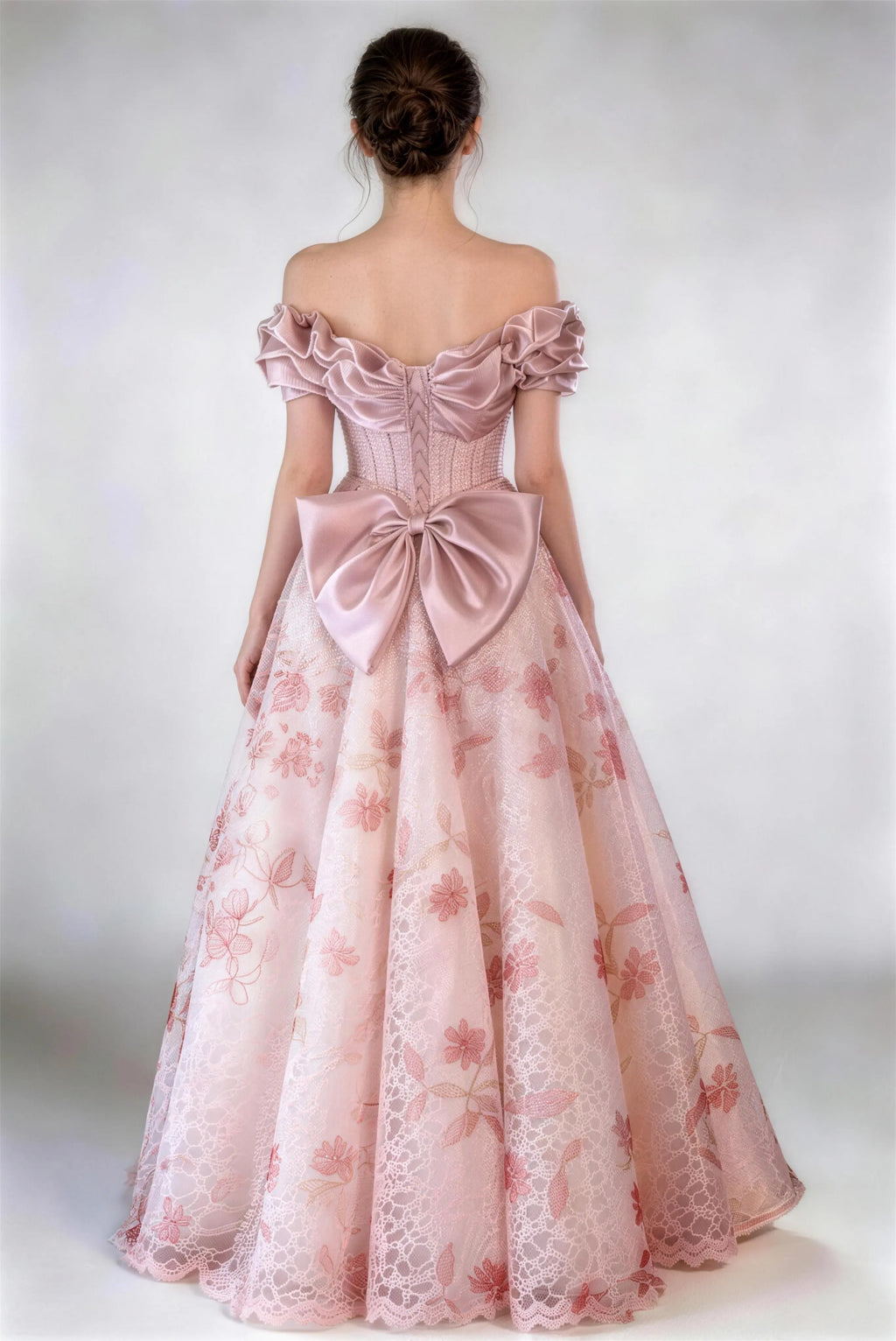 Phoehau Back View of Off‑Shoulder Floral Embroidered Dress, Oversized Satin Bow High Waist Lace A‑Line Formal Evening Gown