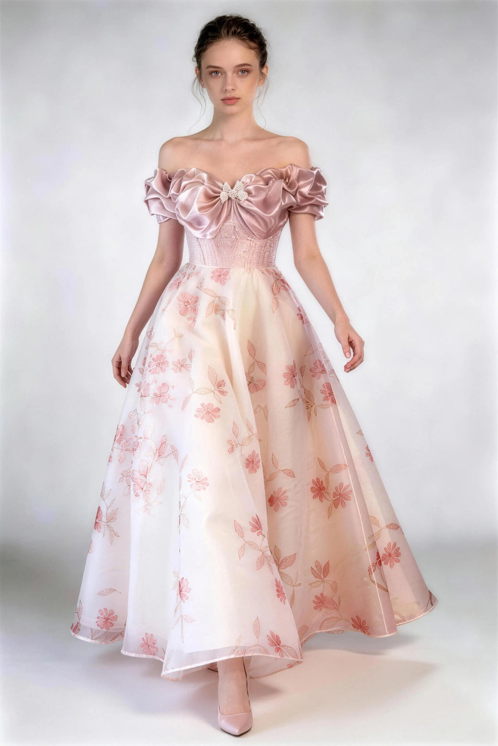 Phoehua Three‑Quarter View of Off‑Shoulder Satin Bow Dress, Pink Floral Embroidery Lace High Waist A‑Line Floor‑Length Gown