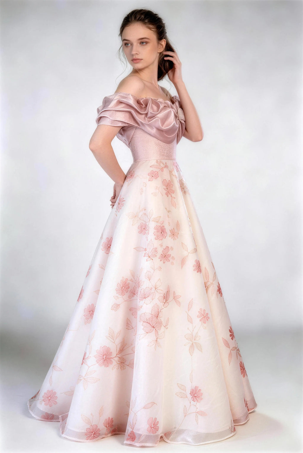 Phoehua Side View of Off‑Shoulder Floral Embroidered Evening Gown, Beaded Corset High Waist Lace A‑Line Formal Dress