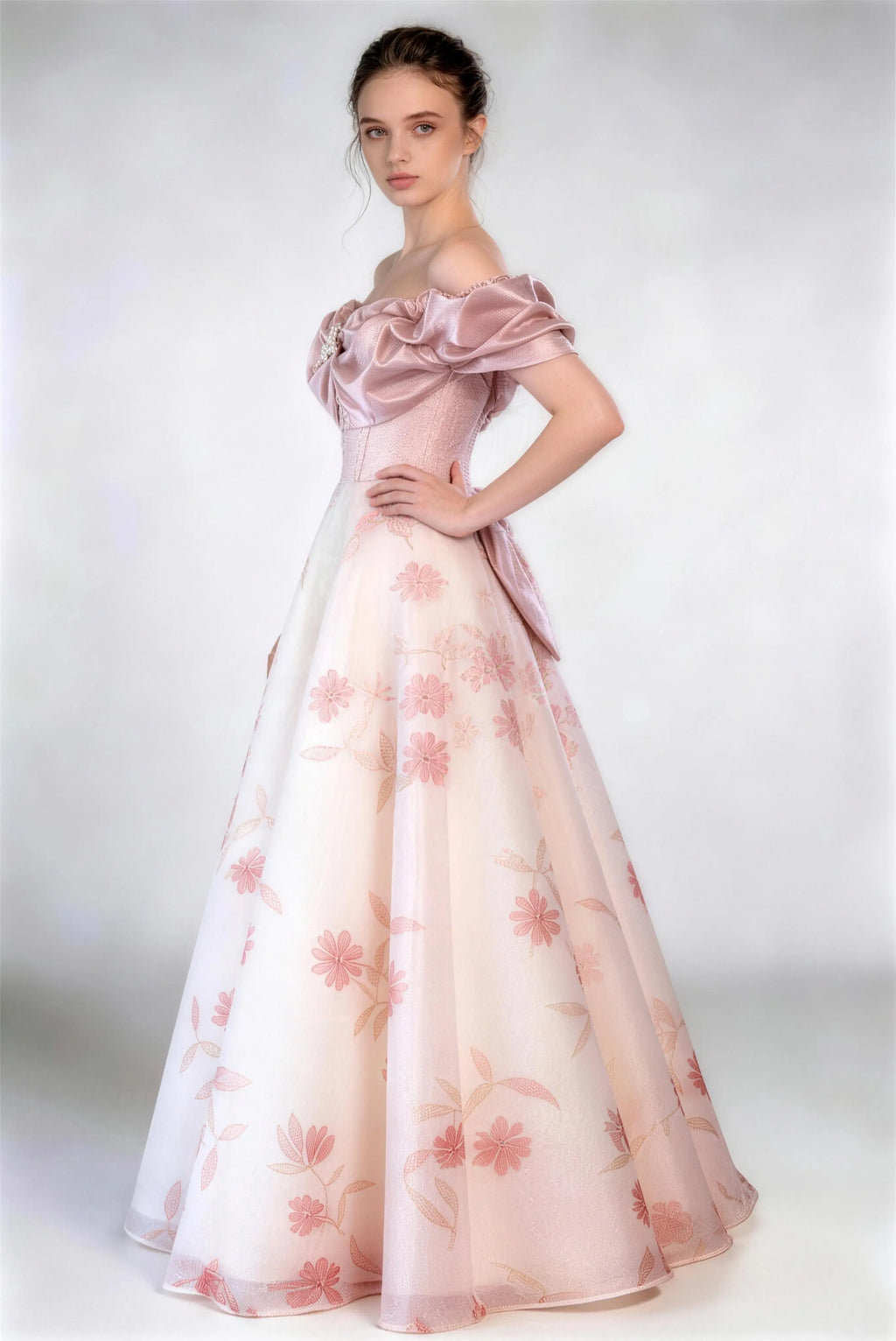 Phoehua Standing Pose of Off‑Shoulder Satin Bow Dress, Romantic Pink Floral Lace Floor‑Length A‑Line Evening Gown