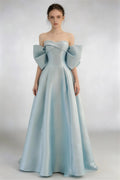 Phoehua Sky Blue Off‑Shoulder Oversized Bow Satin A‑Line Formal Evening Gown, Front View Sweetheart Corset Floor‑Length Wedding Guest Dress