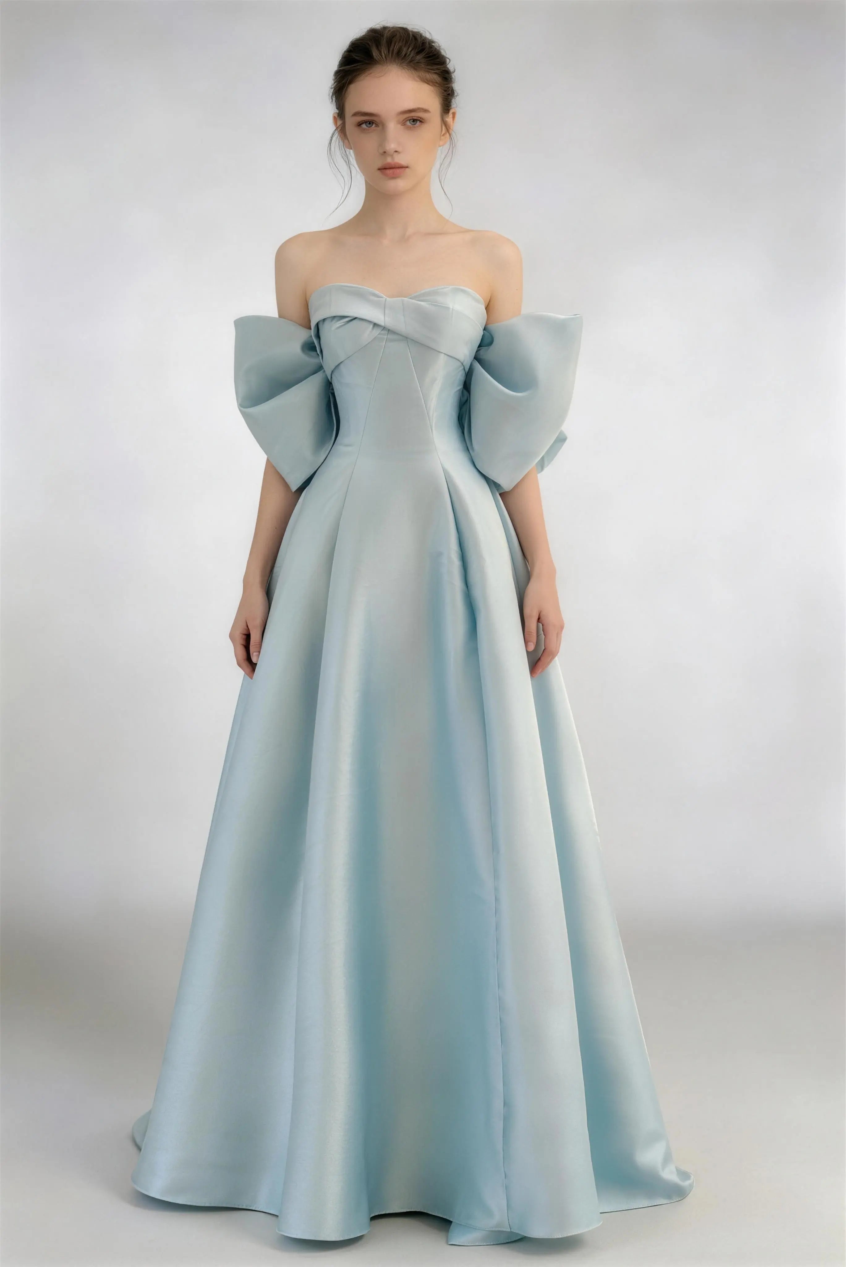 Phoehua Sky Blue Off‑Shoulder Oversized Bow Satin A‑Line Formal Evening Gown, Front View Sweetheart Corset Floor‑Length Wedding Guest Dress