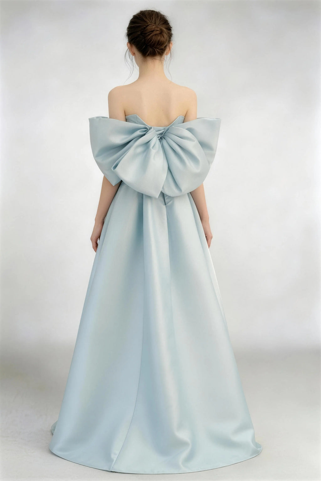 Phoehua Back View of Sky Blue Off‑Shoulder Bow Satin Dress, Oversized Back Bow Corset Floor‑Length A‑Line Formal Evening Gown