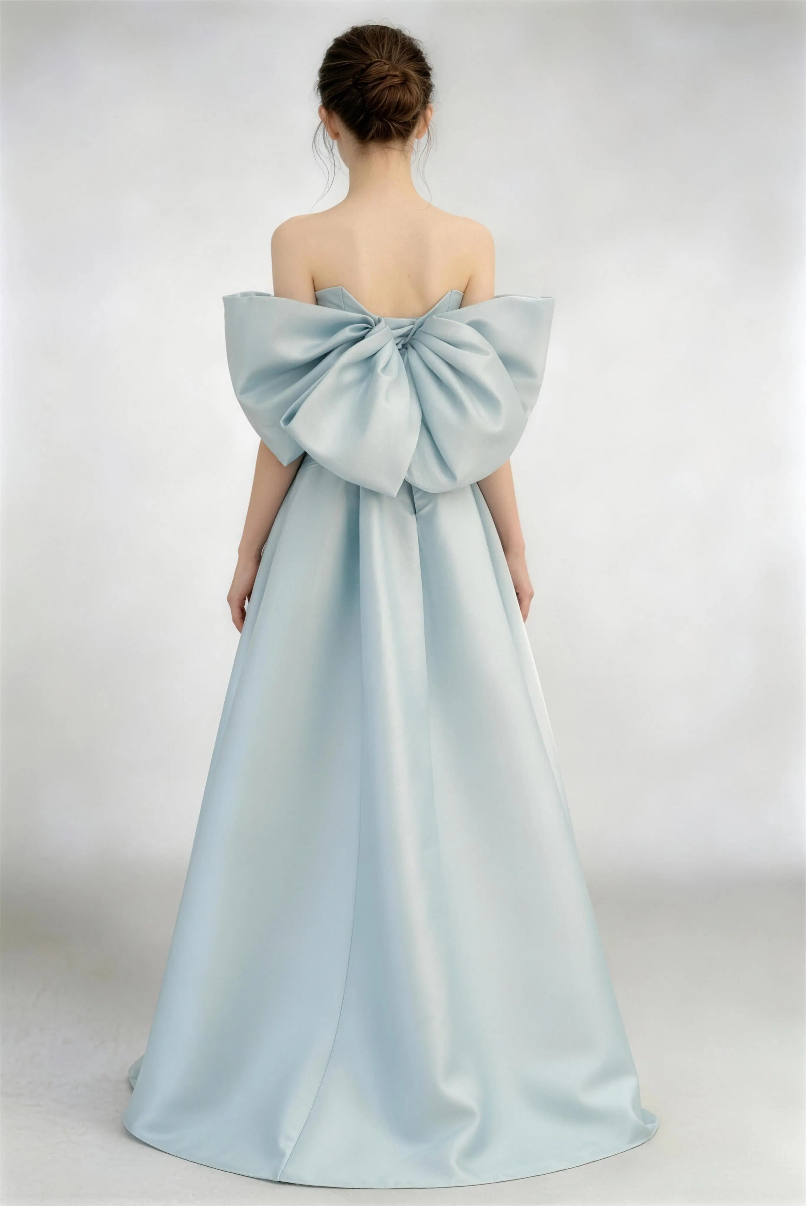 Phoehua Back View of Sky Blue Off‑Shoulder Bow Satin Dress, Oversized Back Bow Corset Floor‑Length A‑Line Formal Evening Gown